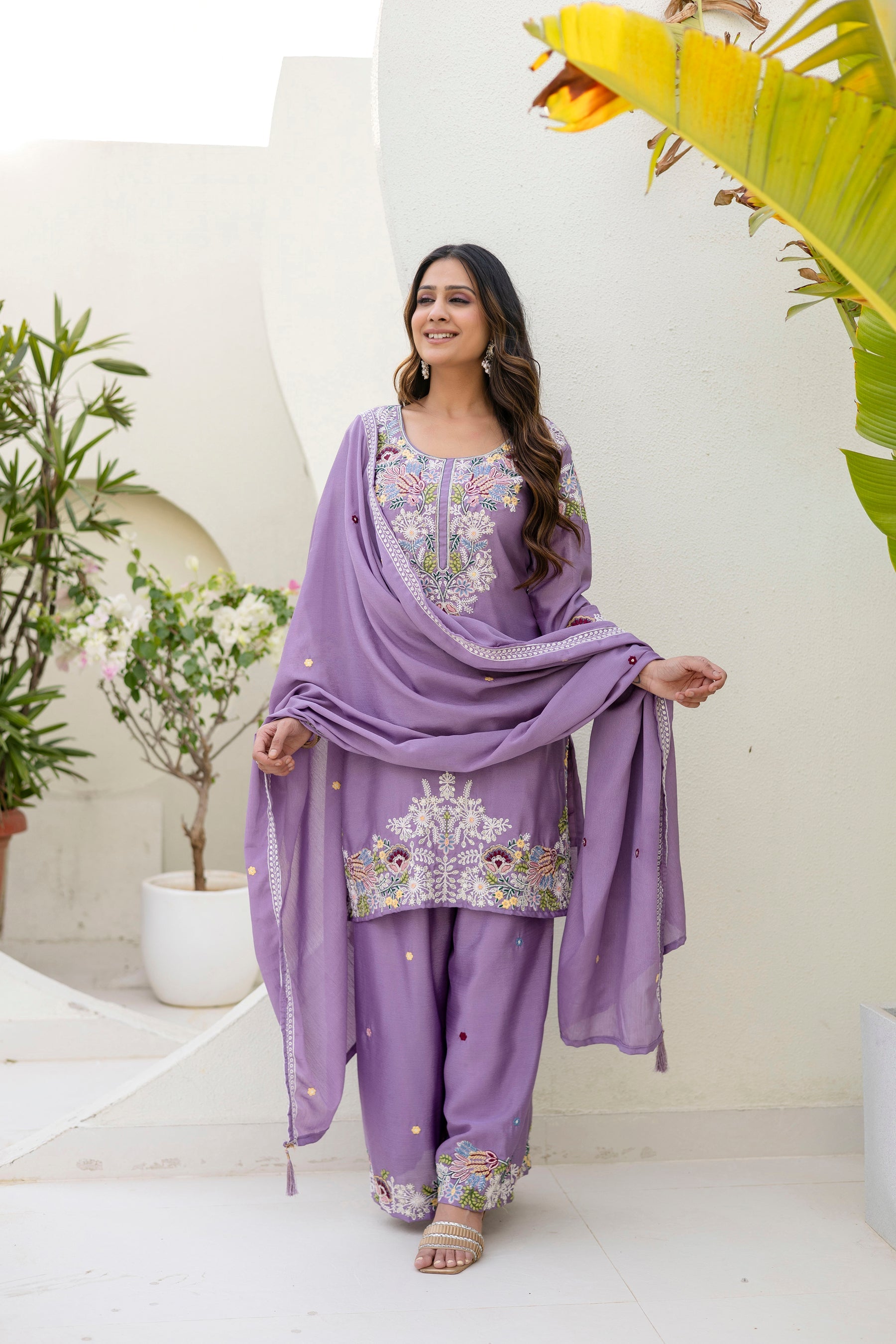 Lavender Chinon kurta with Zardozi hand work paired with palazzo and dupatta