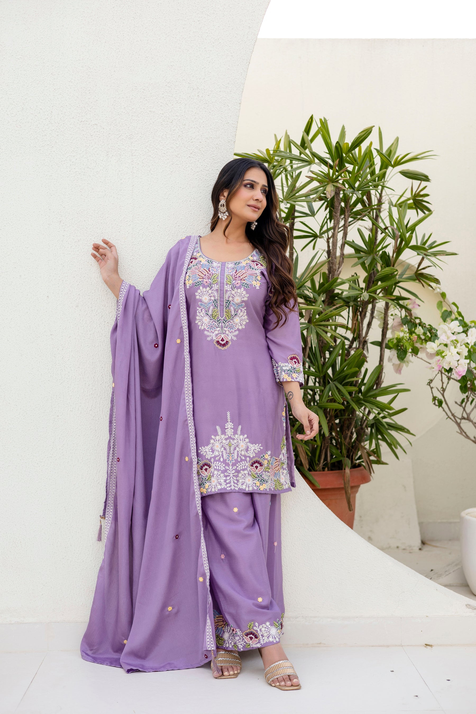 Lavender Chinon Kurta Palazzo Set with Zardozi Hand Embroidery