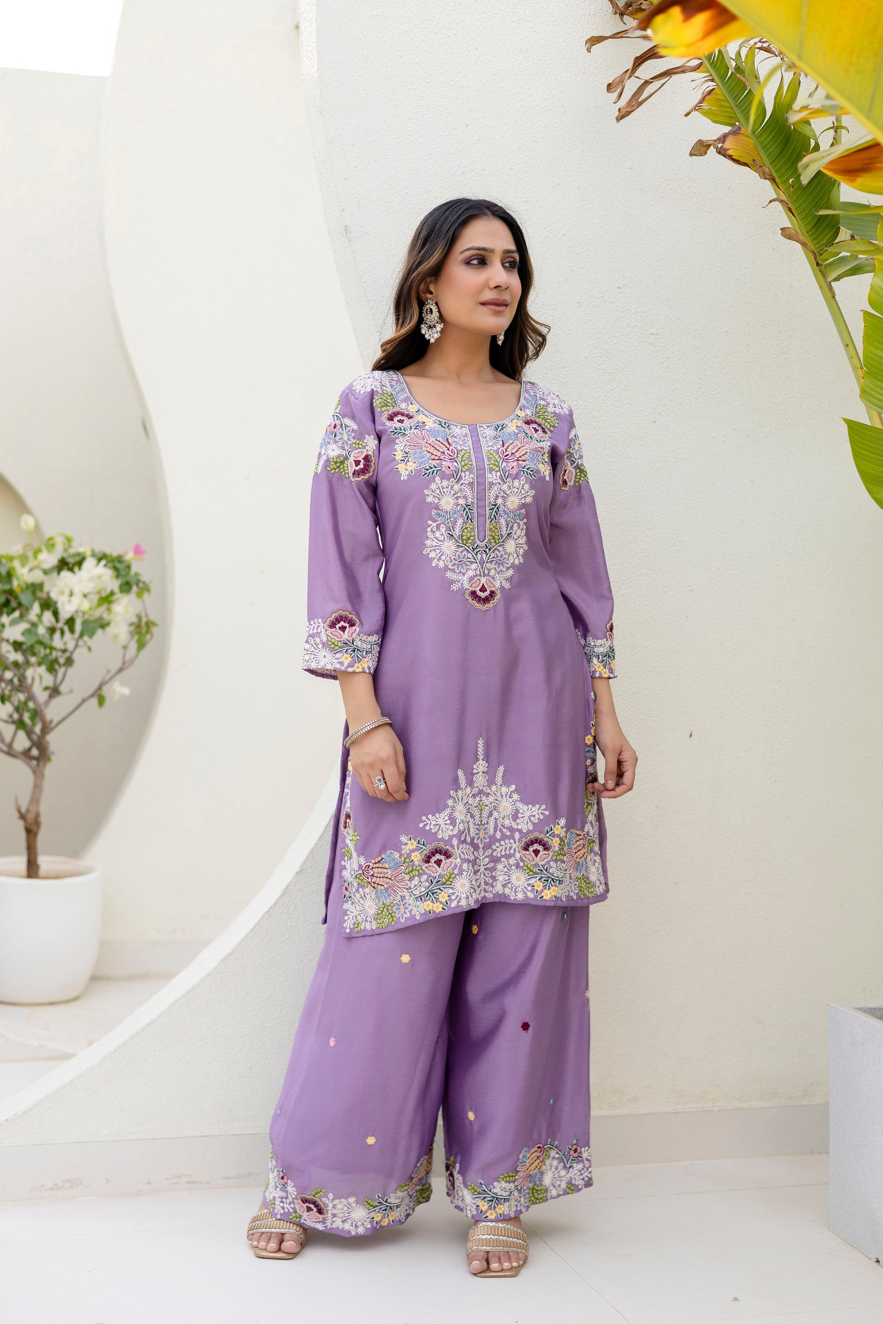 Lavender Chinon Kurta Palazzo Set with Zardozi Hand Embroidery