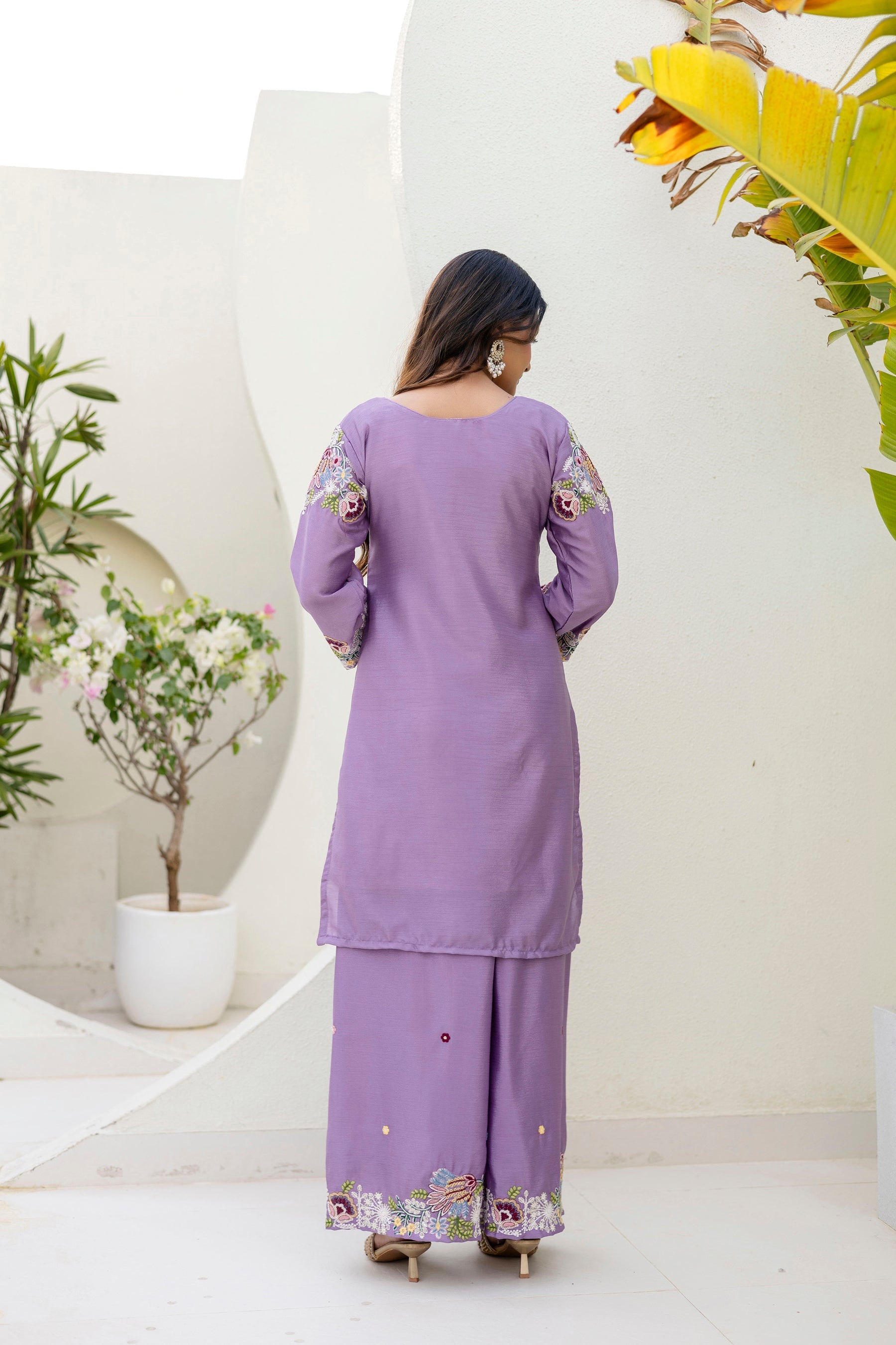 Lavender Chinon Kurta Palazzo Set with Zardozi Hand Embroidery