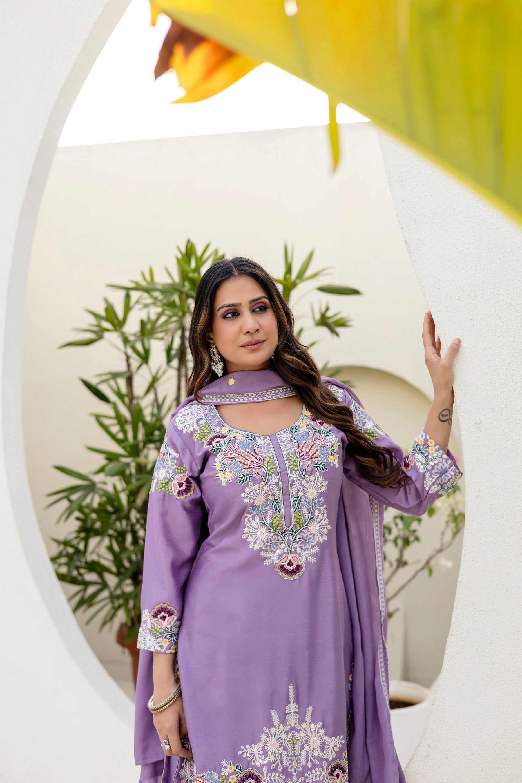 Lavender Chinon Kurta Palazzo Set with Zardozi Hand Embroidery