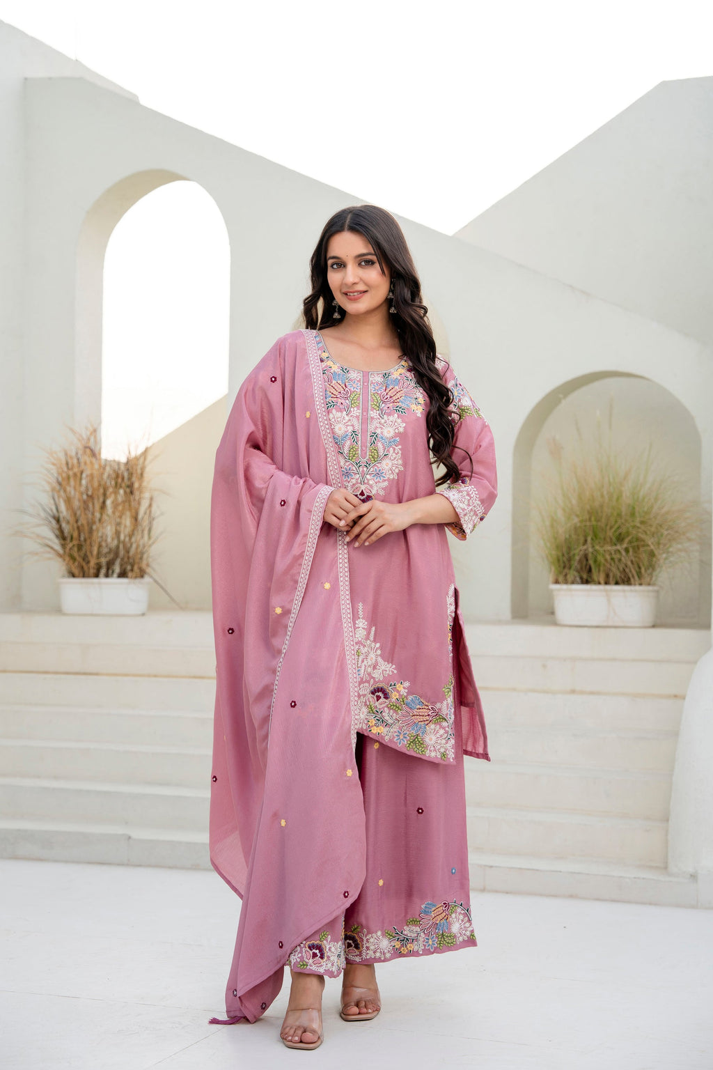 Pink Chinon Kurta Palazzo Set with Zardozi Hand Embroidery Work