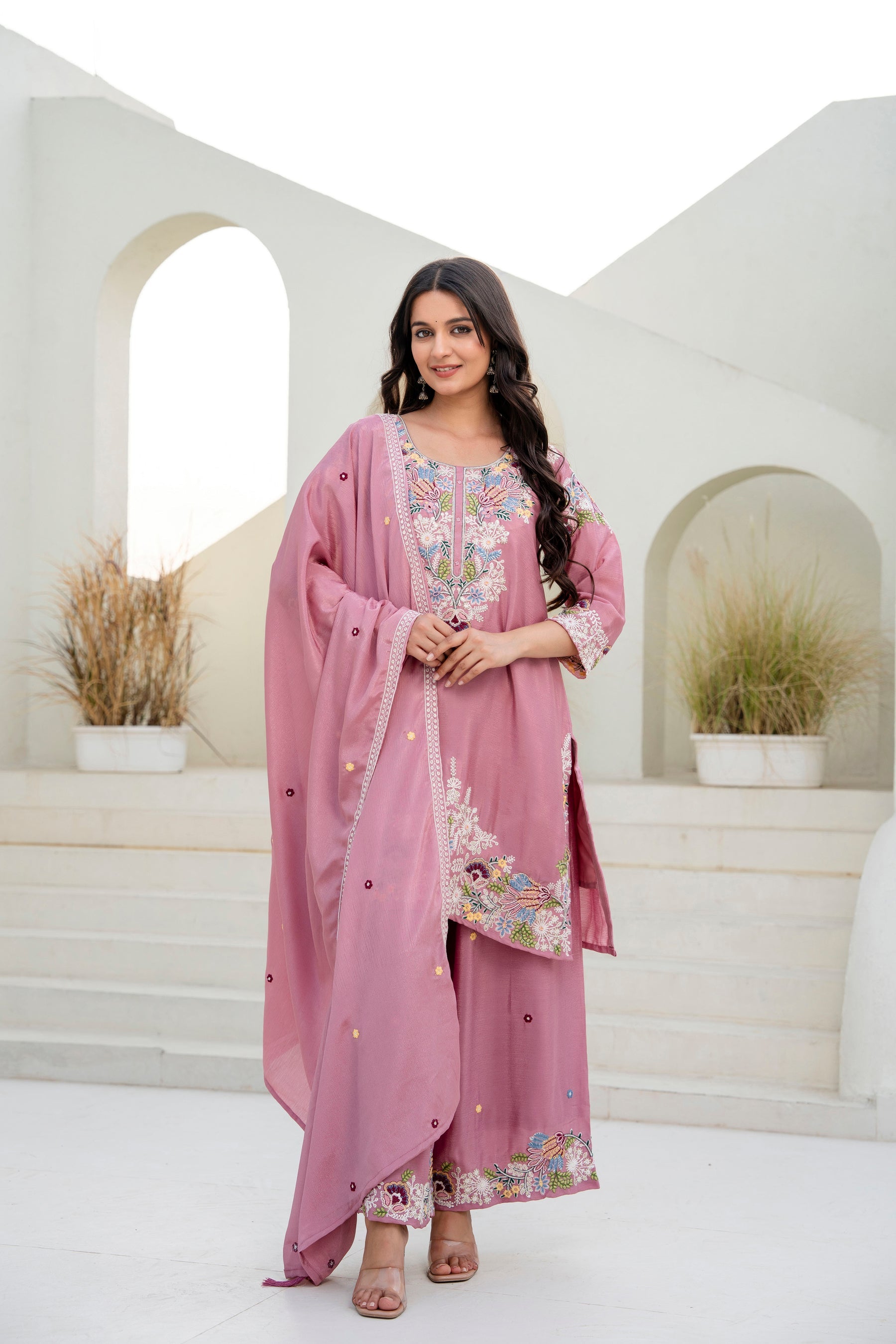 Pink Chinon Kurta Palazzo Set with Zardozi Hand Embroidery Work