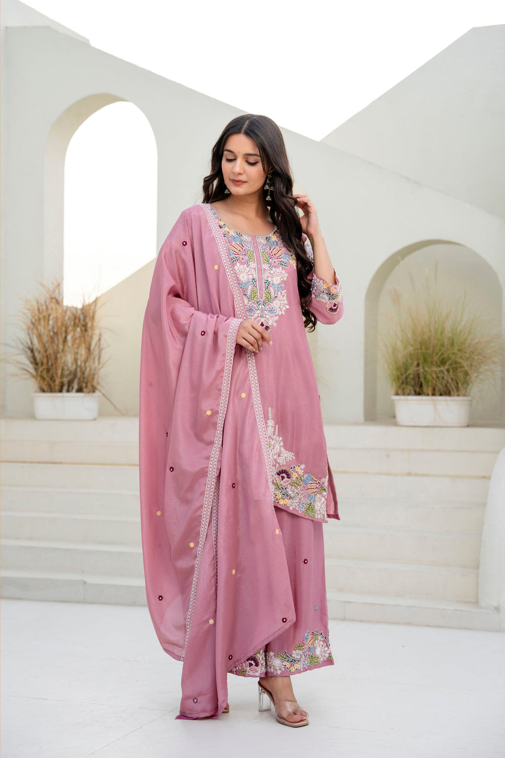 Pink Chinon Kurta Palazzo Set with Zardozi Hand Embroidery Work