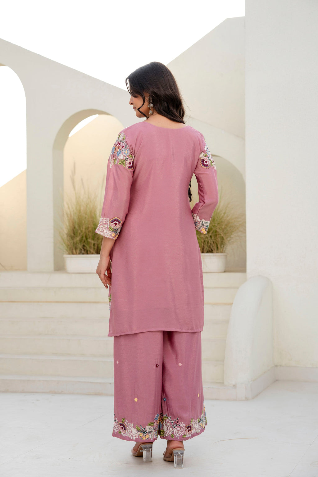 Pink Chinon Kurta Palazzo Set with Zardozi Hand Embroidery Work