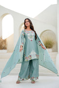 Seagreen Chinon Kurta Palazzo Set with Hand-Embroidered Zardozi