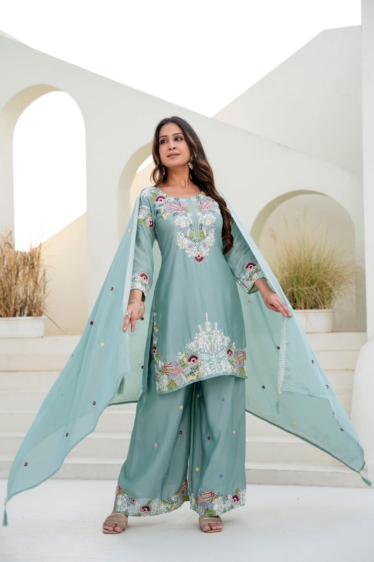 Seagreen Chinon Kurta Palazzo Set with Hand-Embroidered Zardozi