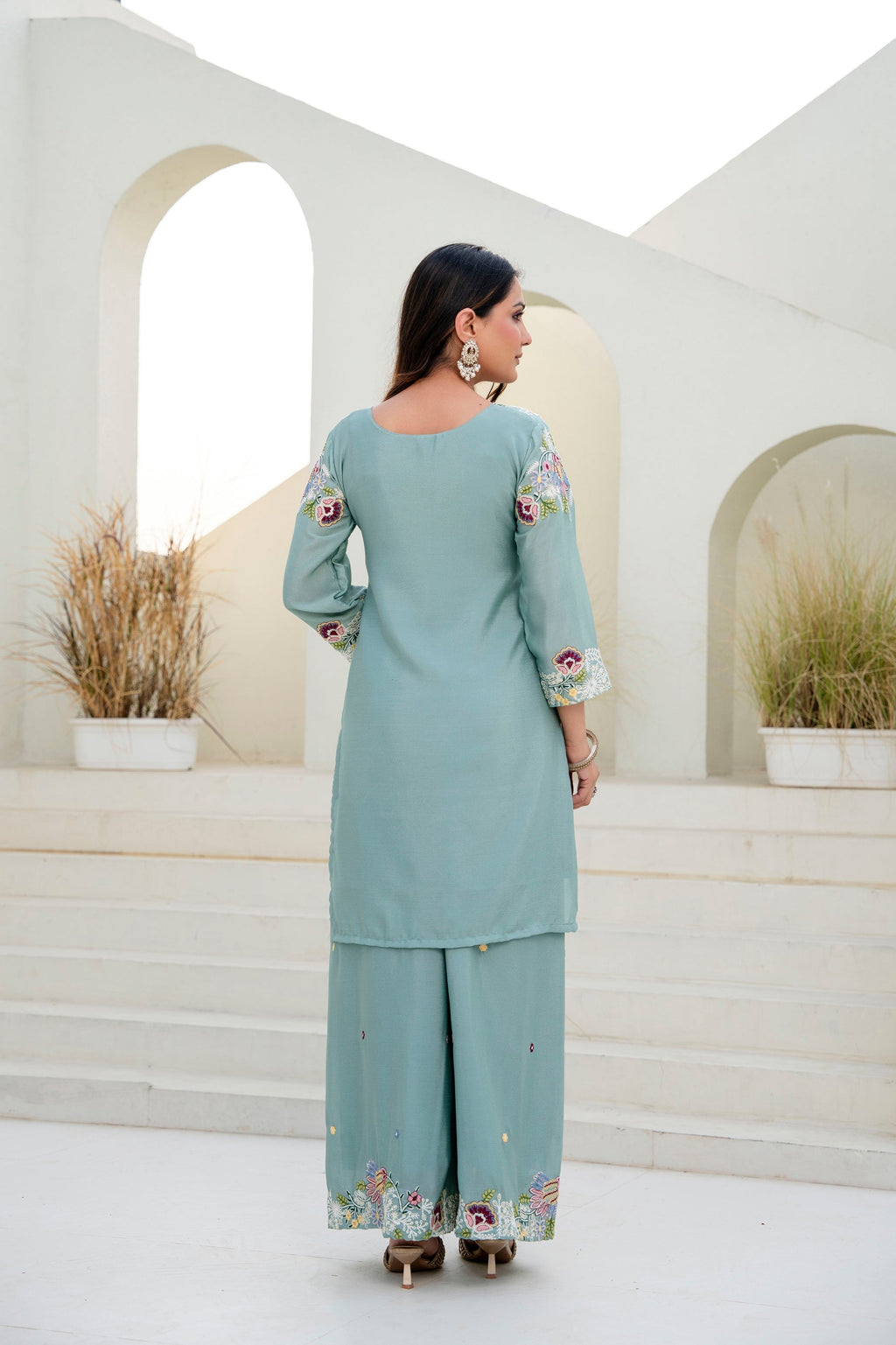 Seagreen Chinon Kurta Palazzo Set with Hand-Embroidered Zardozi