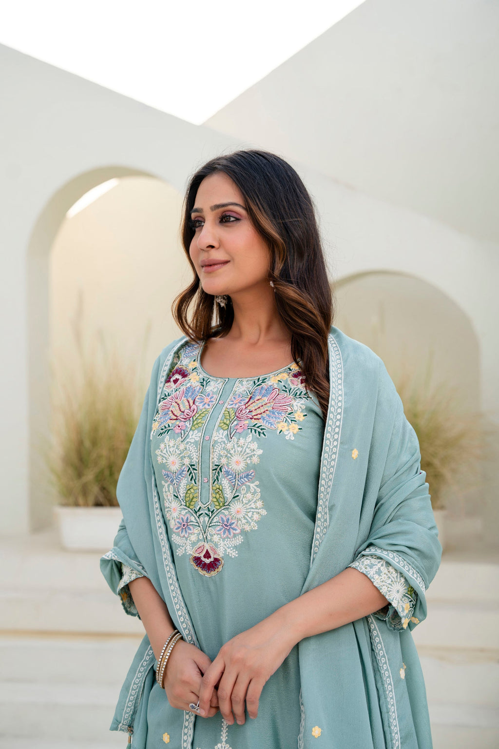 Seagreen Chinon Kurta Palazzo Set with Hand-Embroidered Zardozi