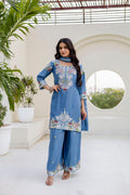 Skyblue Chinon Kurta Palazzo Set with Hand-Embroidered Zardozi