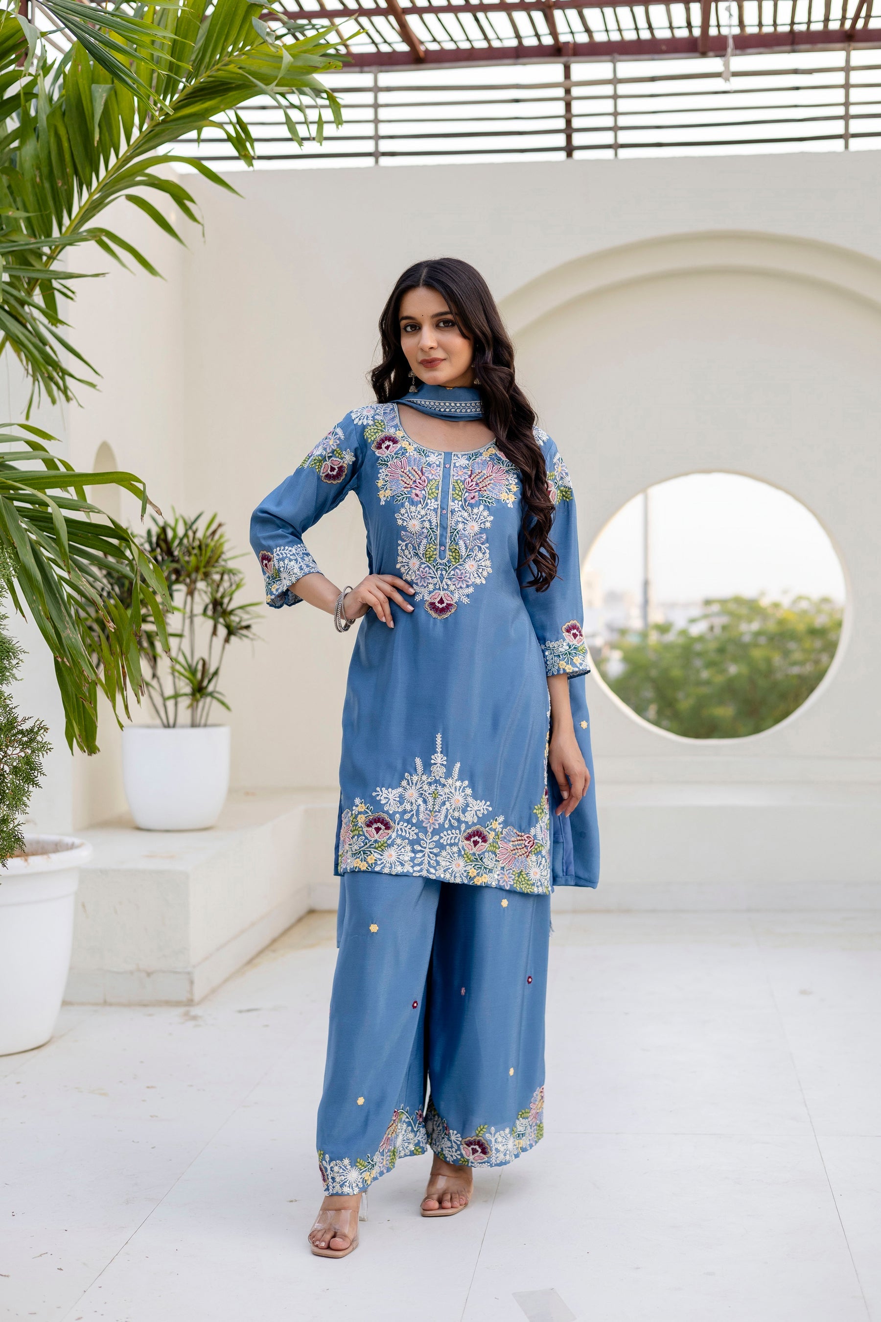 Skyblue Chinon Kurta Palazzo Set with Hand-Embroidered Zardozi