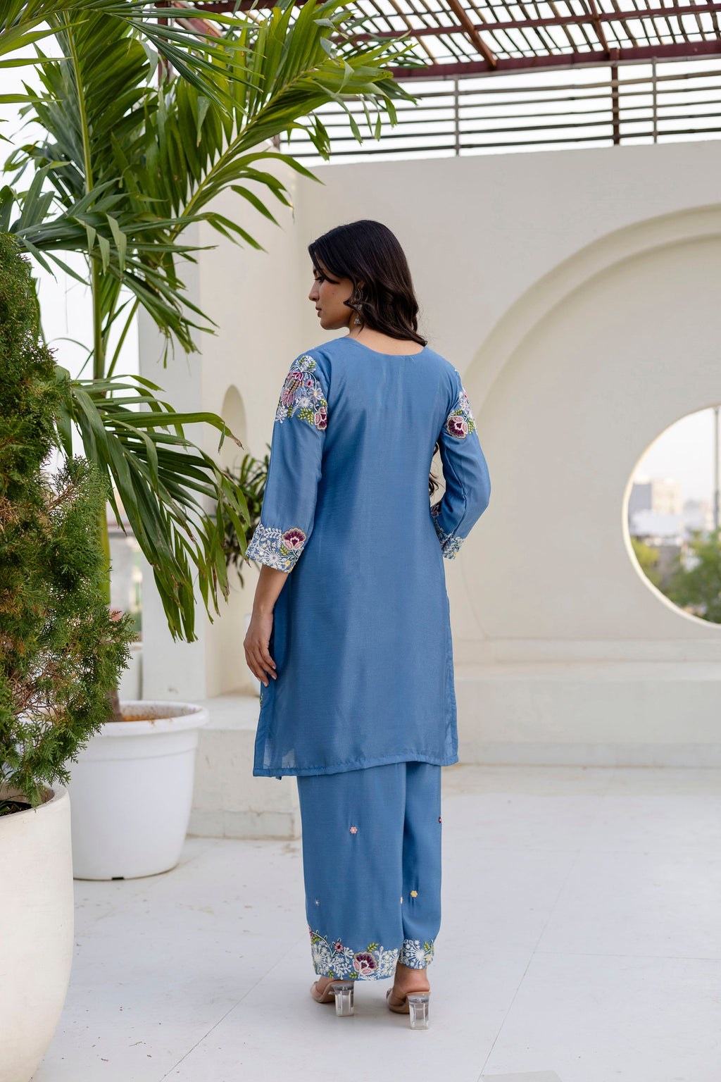 Skyblue Chinon Kurta Palazzo Set with Hand-Embroidered Zardozi