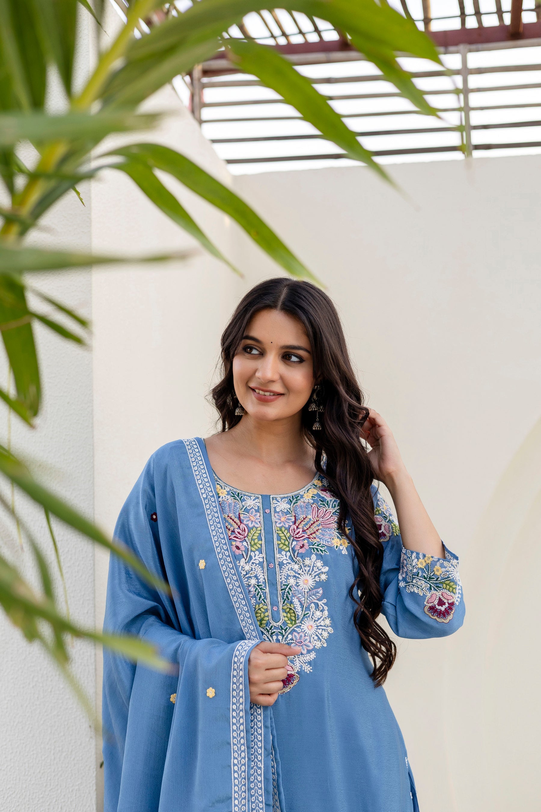 Skyblue Chinon Kurta Palazzo Set with Hand-Embroidered Zardozi