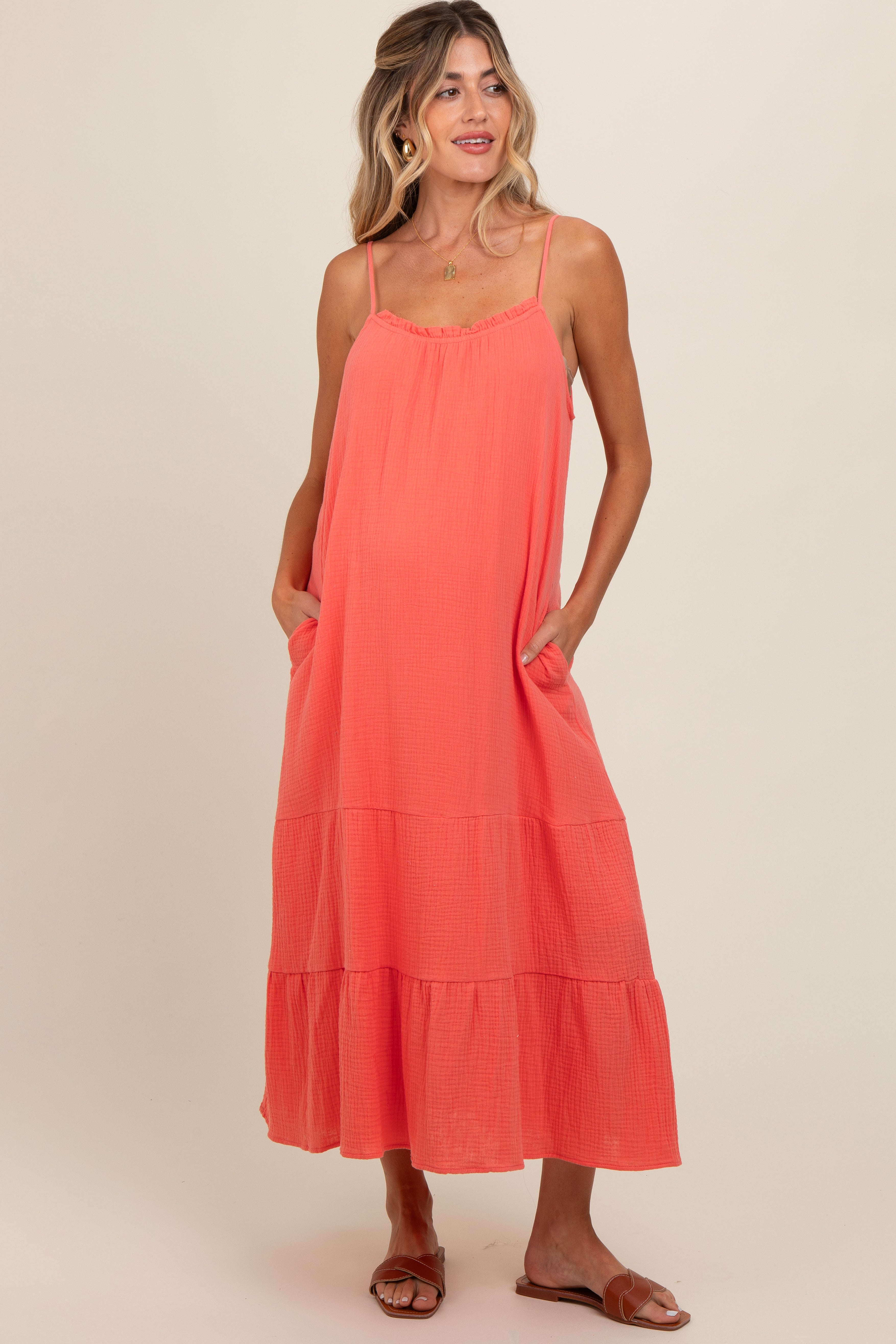 Coral Tiered Hem Maternity Midi Dress
