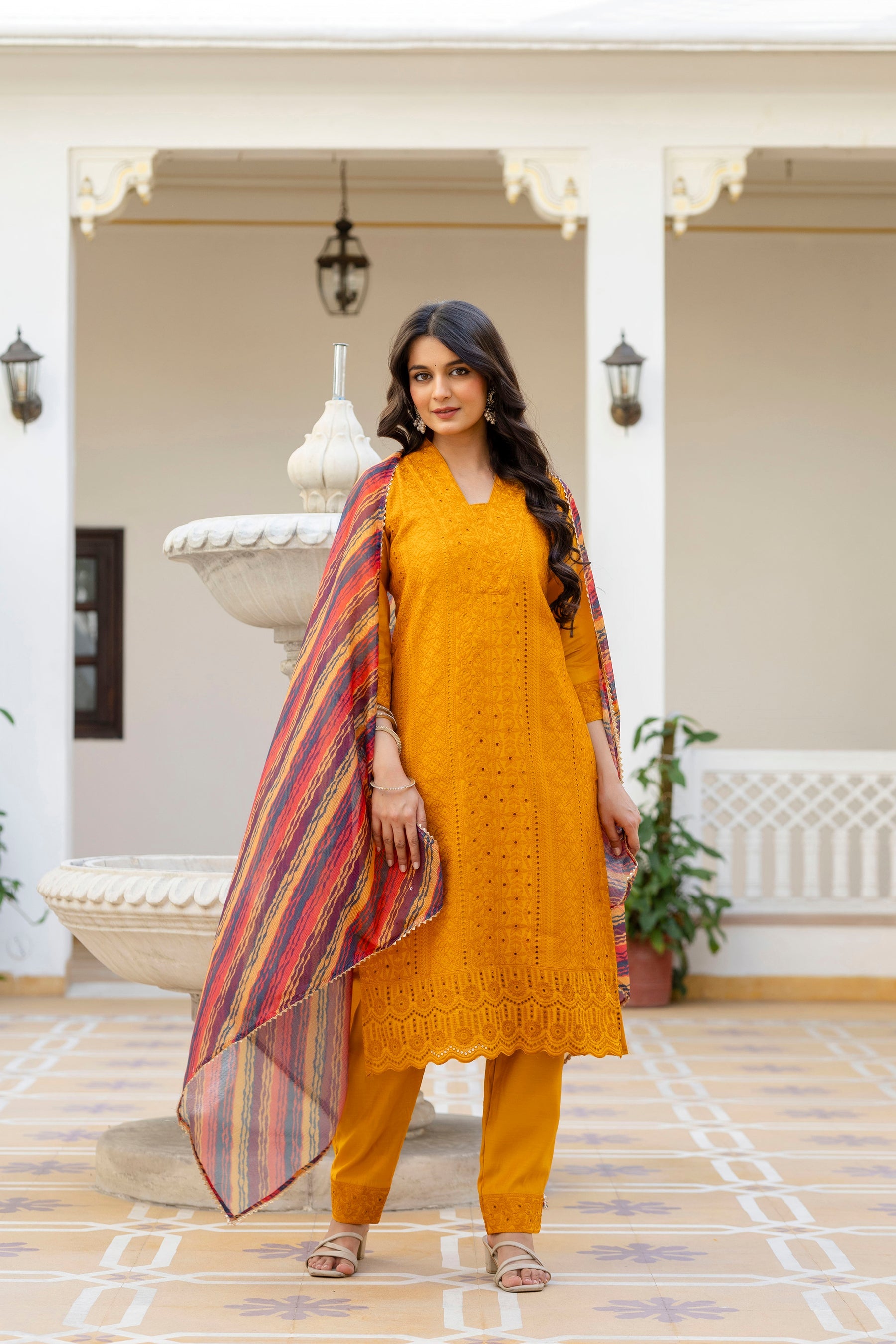 Mustard Roman Silk Chikan Kari Kurta Pant Set with Dupatta