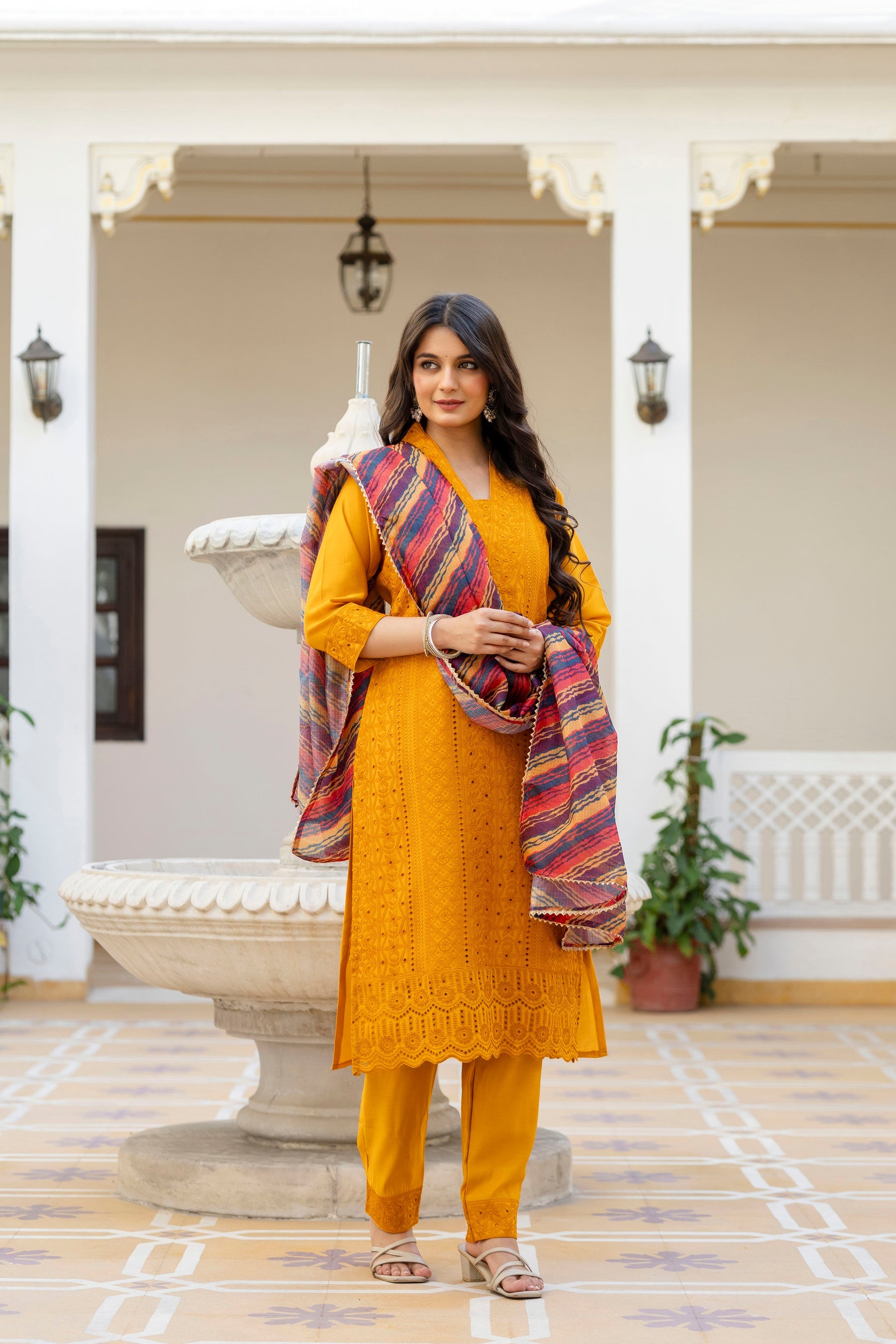 Mustard Roman Silk Chikan Kari Kurta Pant Set with Dupatta