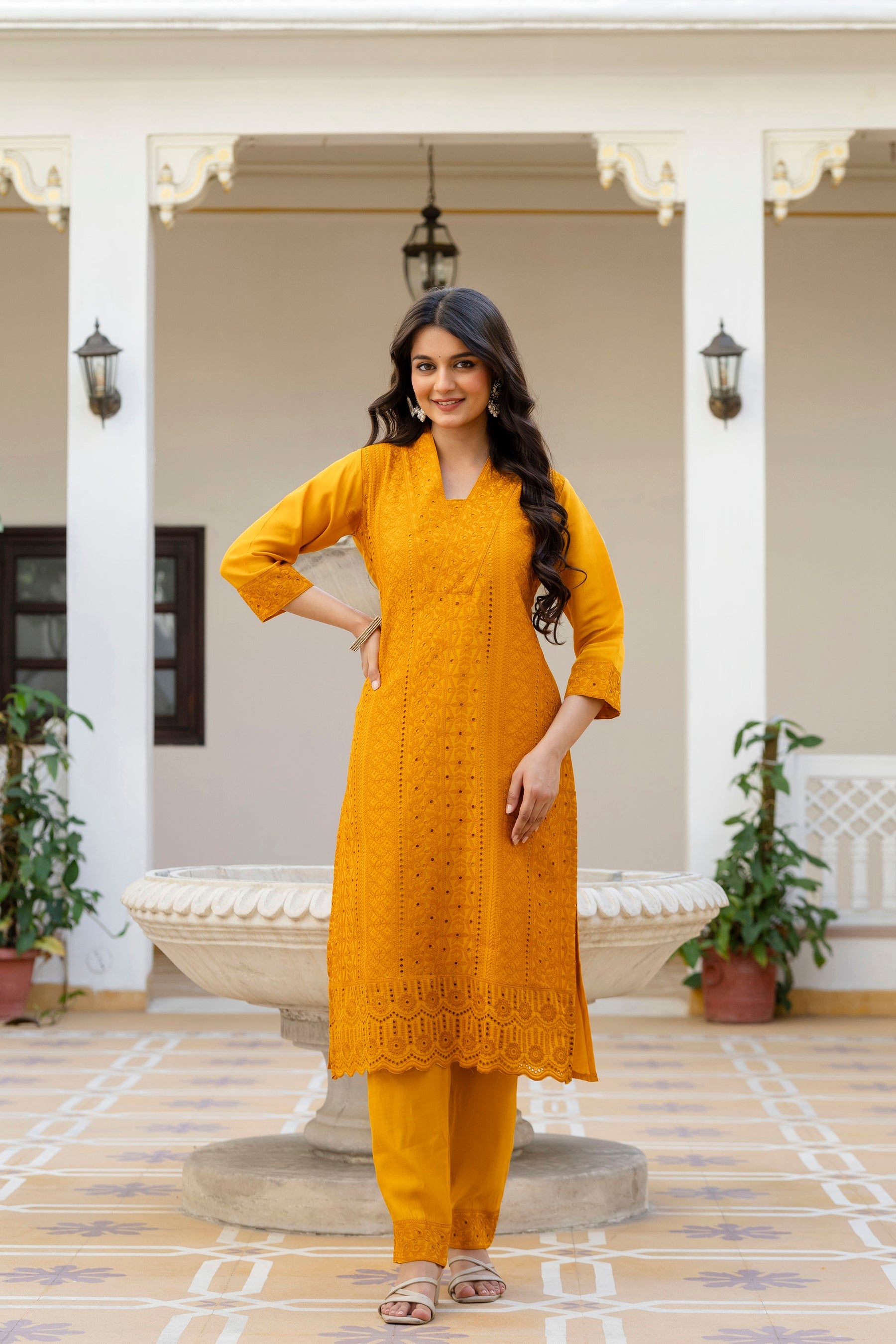 Mustard Roman Silk Chikan Kari Kurta Pant Set with Dupatta