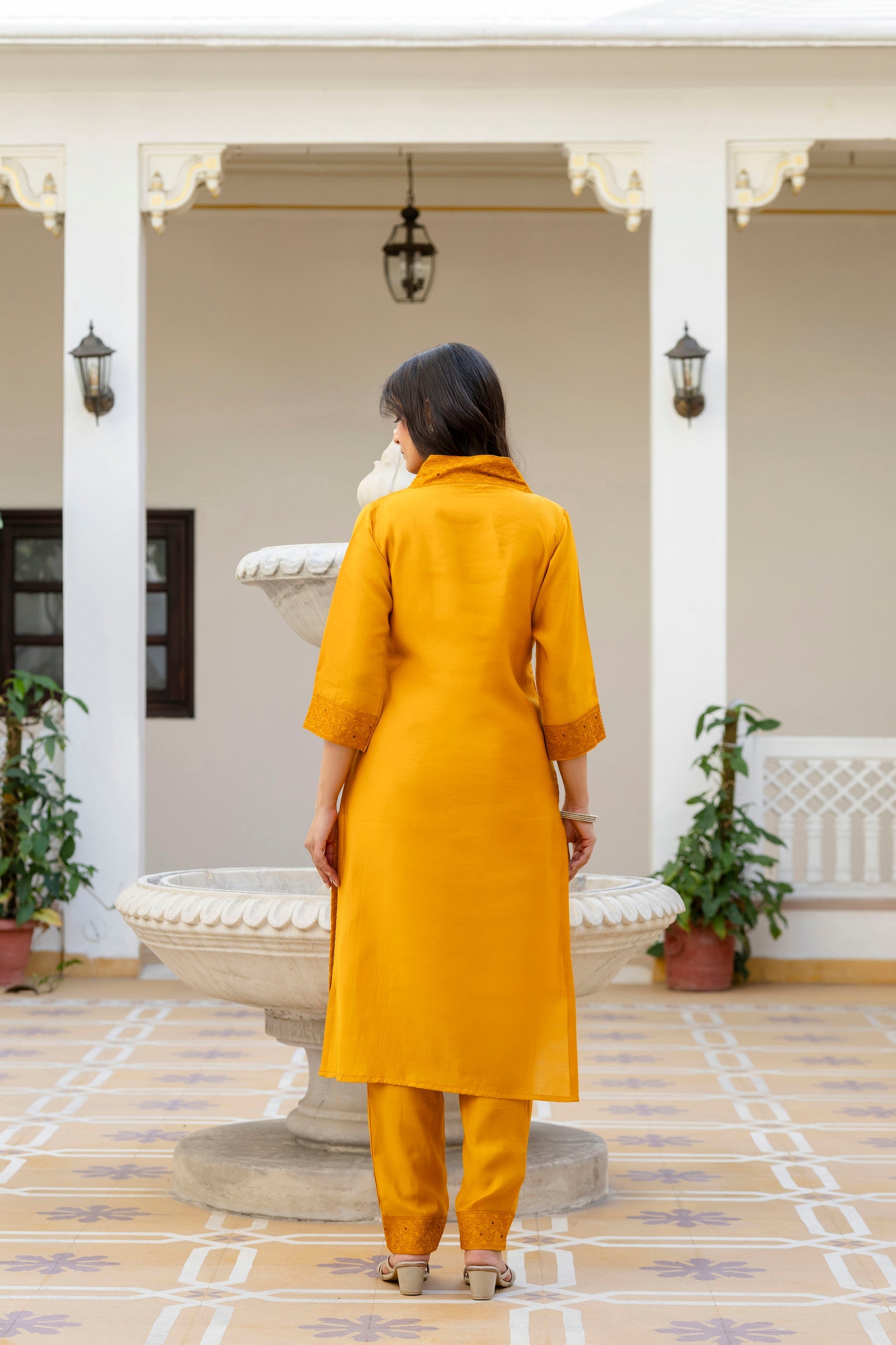 Mustard Roman Silk Chikan Kari Kurta Pant Set with Dupatta