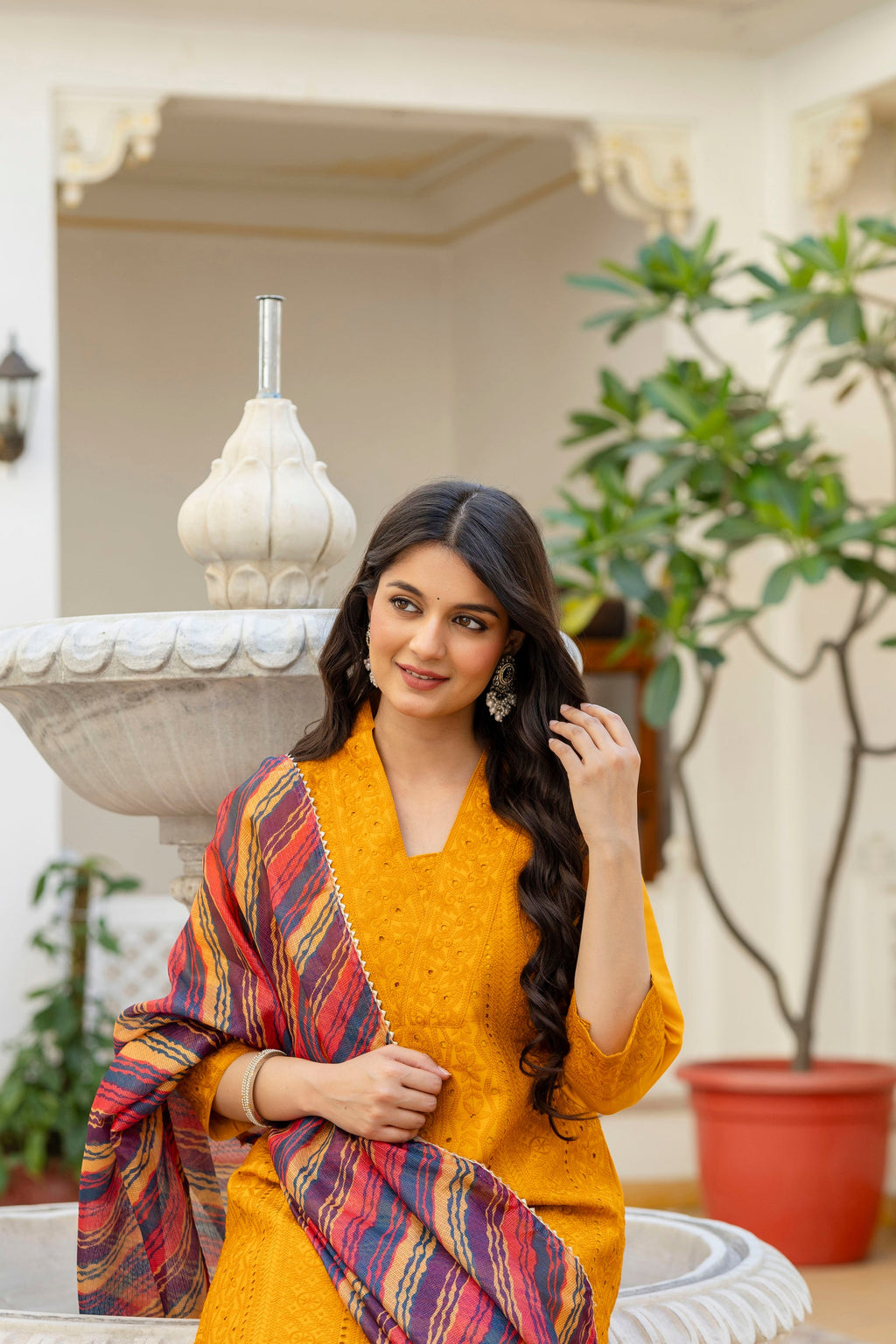 Mustard Roman Silk Chikan Kari Kurta Pant Set with Dupatta
