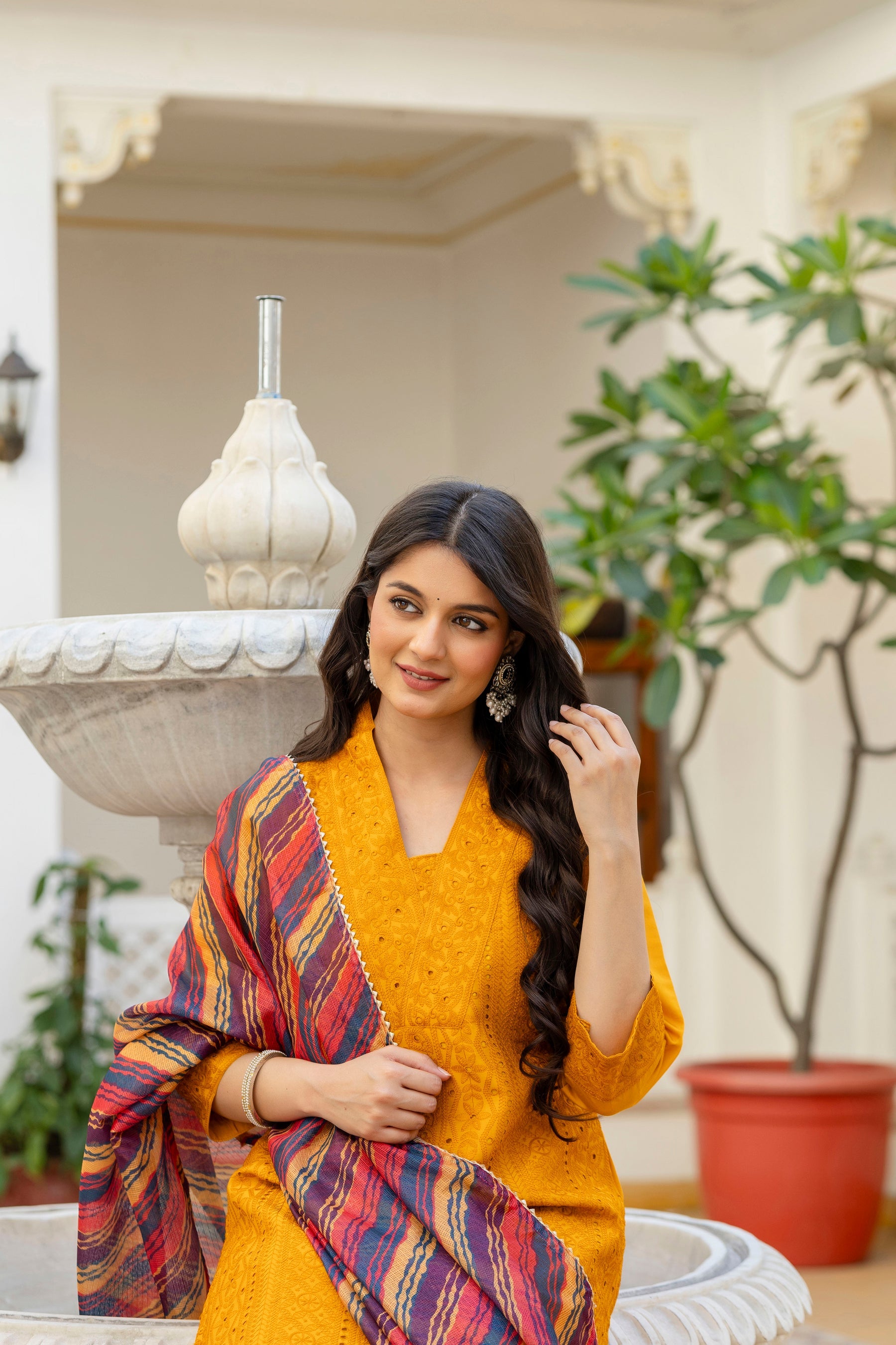Mustard Roman Silk Chikan Kari Kurta Pant Set with Dupatta