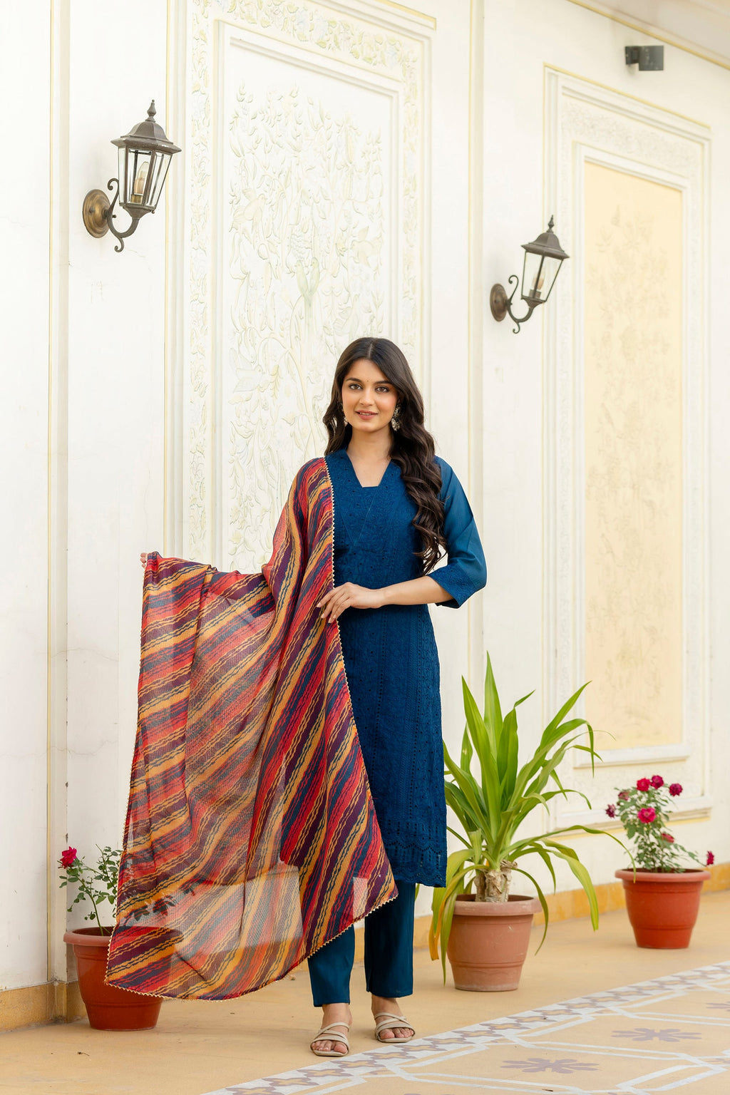 Rama Roman Silk Kurta Set with Chikan Kari Work and Dupatta