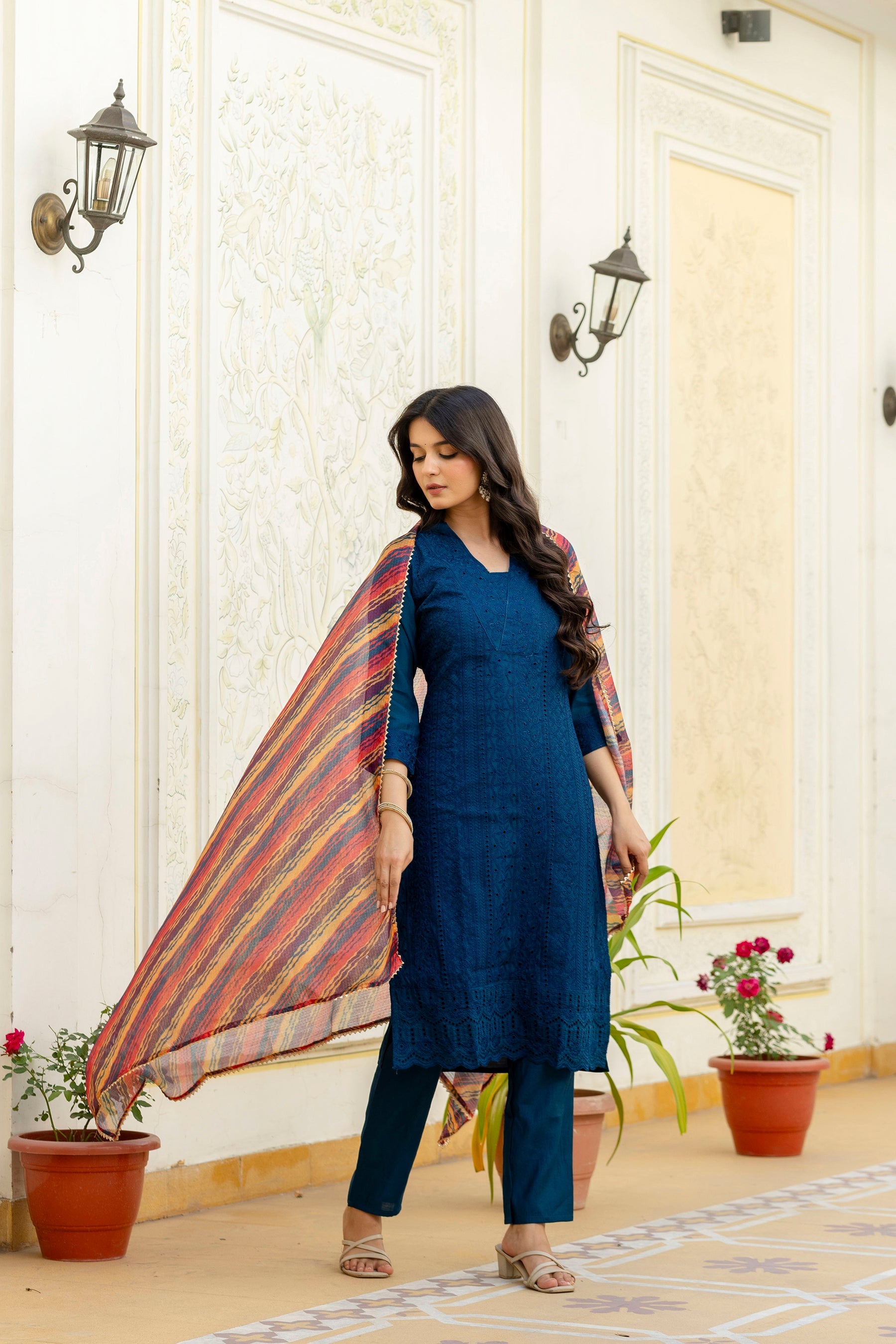 Rama Roman Silk Kurta Set with Chikan Kari Work and Dupatta