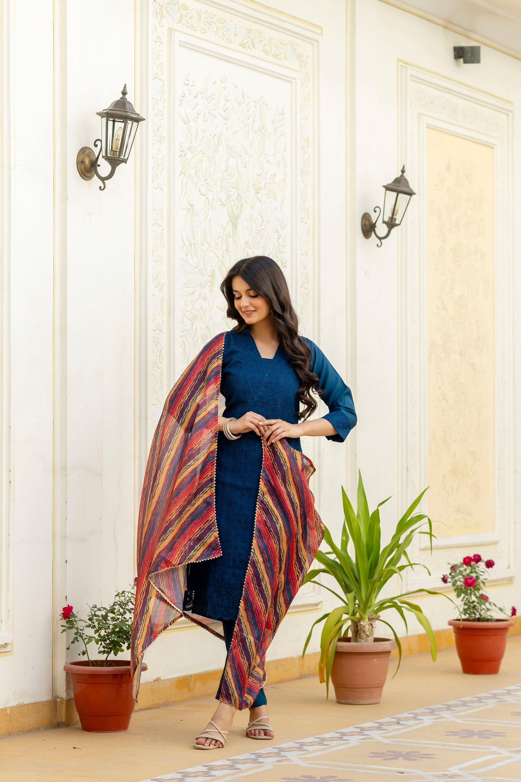 Rama Roman Silk Kurta Set with Chikan Kari Work and Dupatta