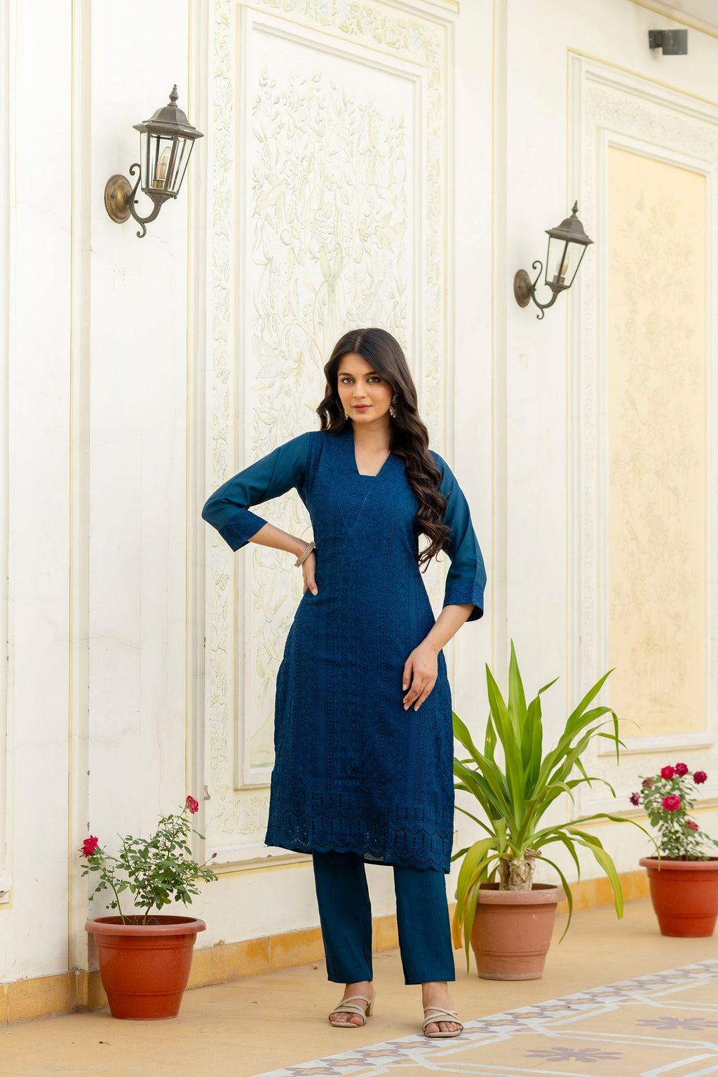 Rama Roman Silk Kurta Set with Chikan Kari Work and Dupatta