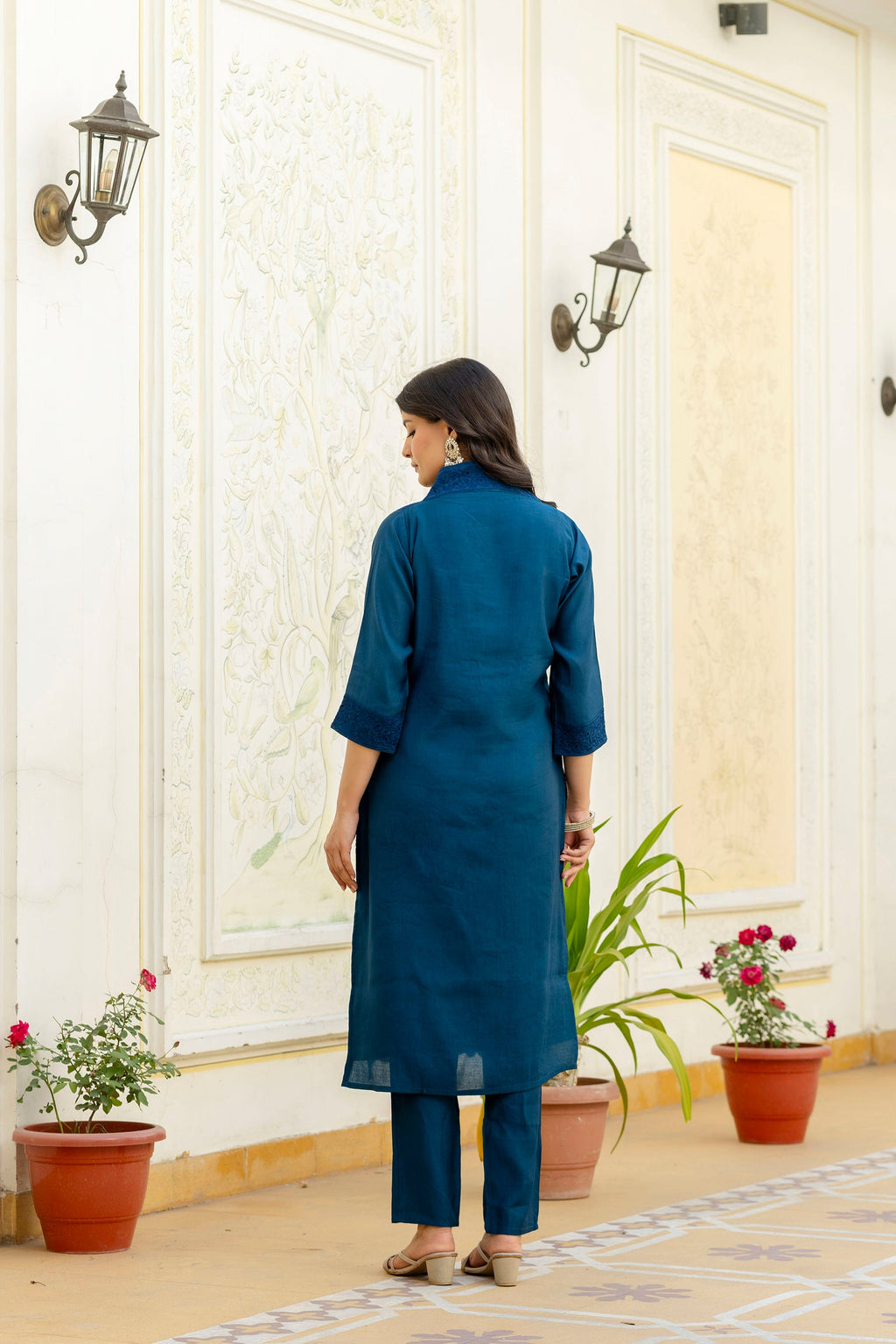Rama Roman Silk Kurta Set with Chikan Kari Work and Dupatta