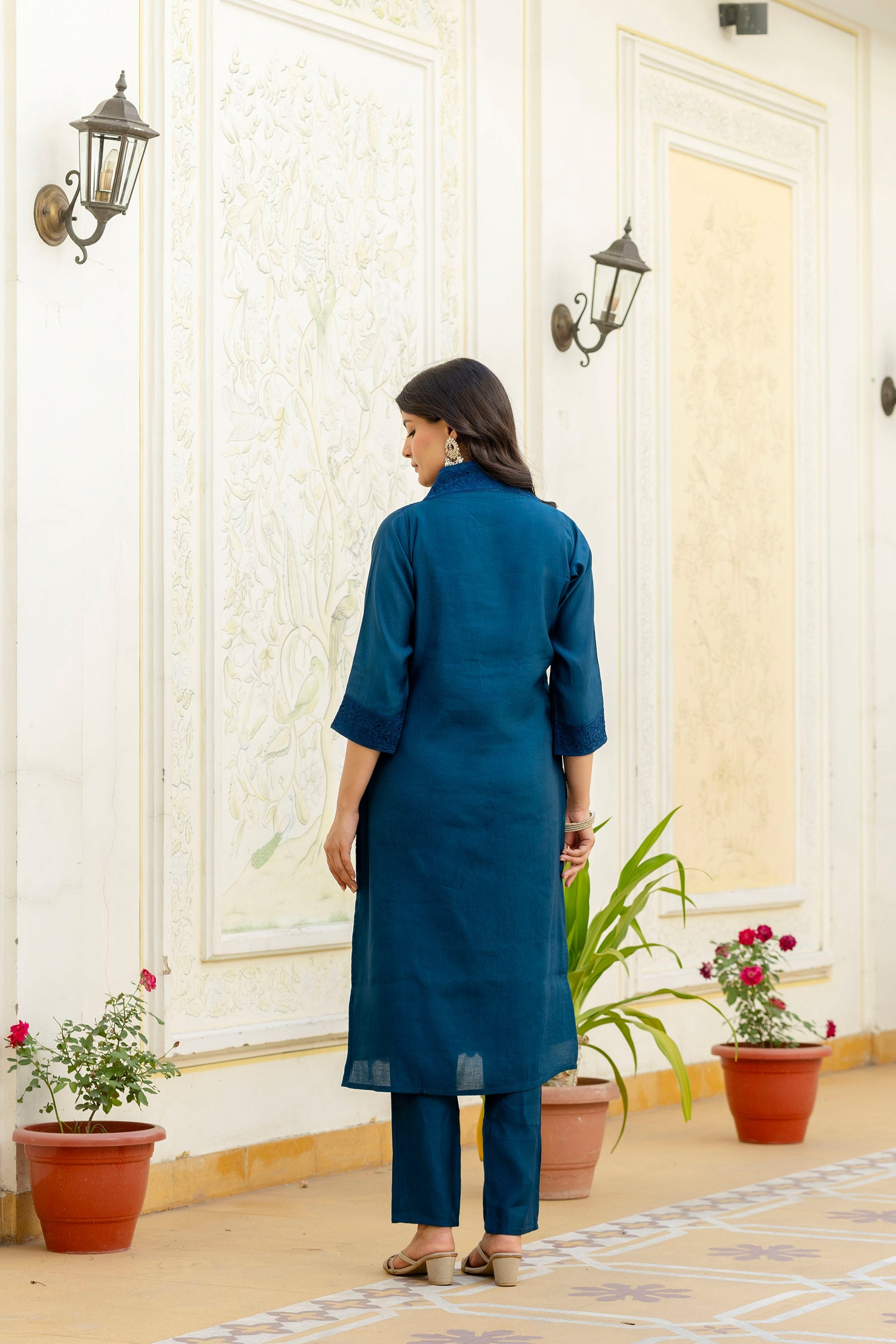 Rama Roman Silk Kurta Set with Chikan Kari Work and Dupatta
