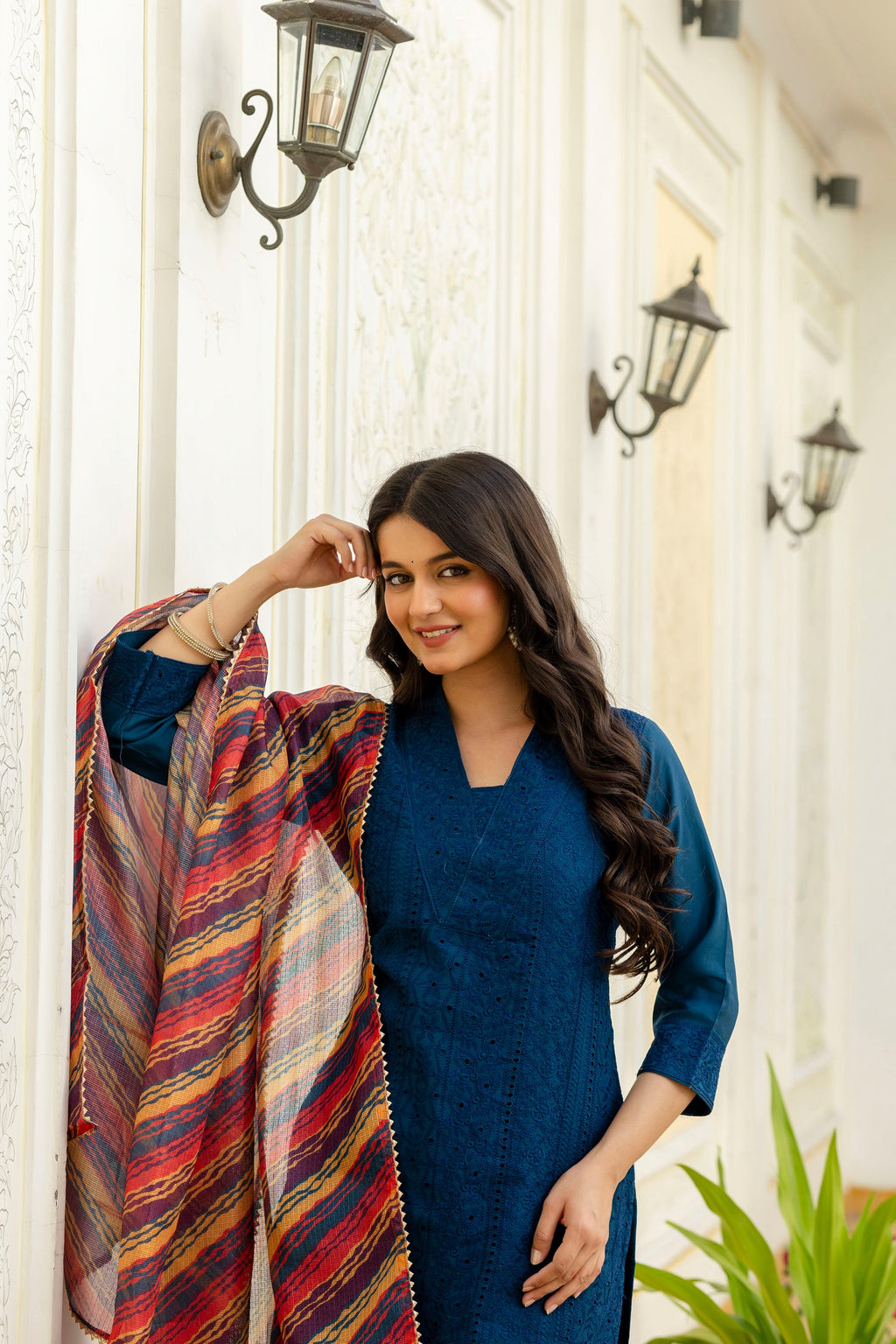 Rama Roman Silk Kurta Set with Chikan Kari Work and Dupatta