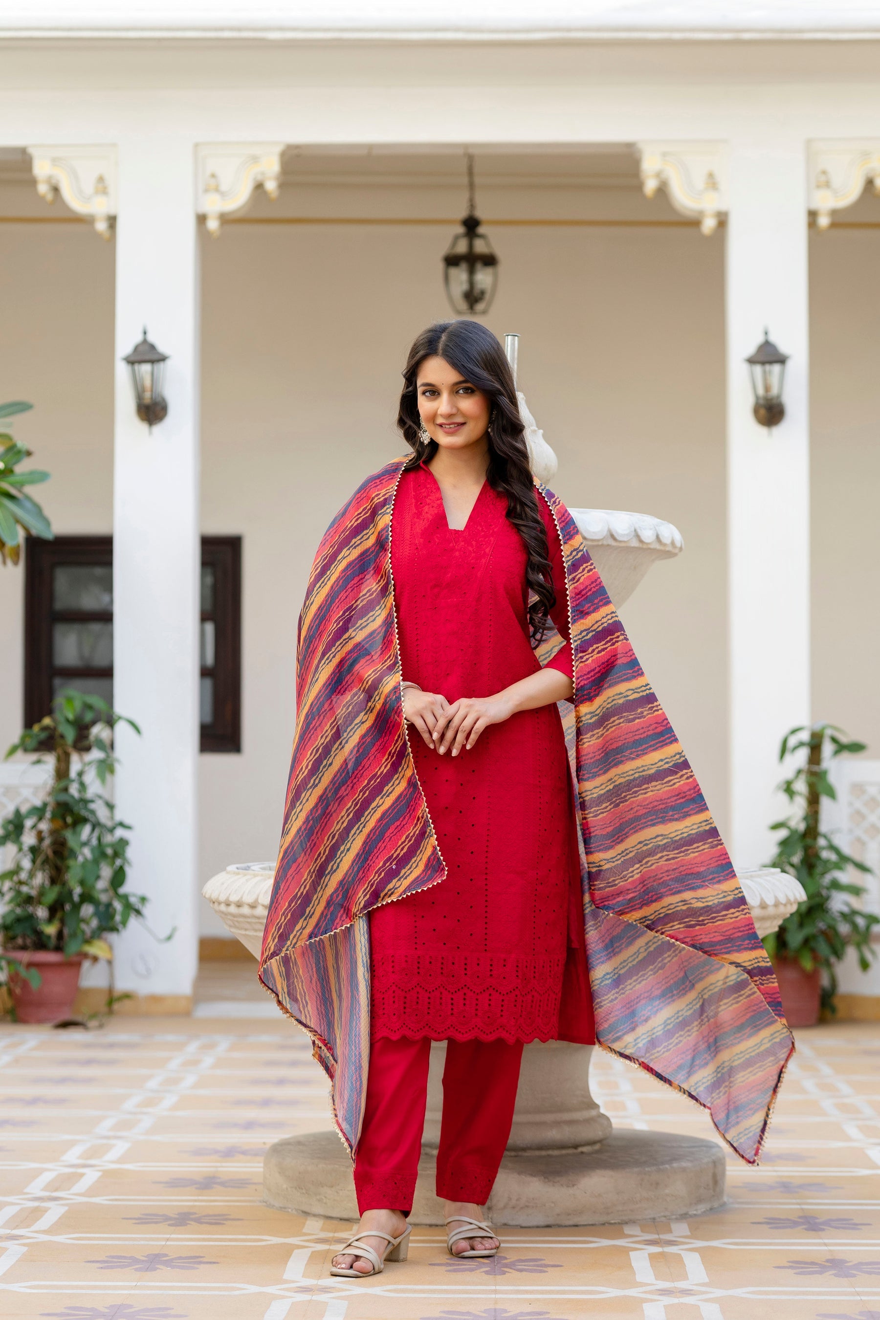 Red Roman Silk Kurta Pant Set with Chikan Kari Embroidery
