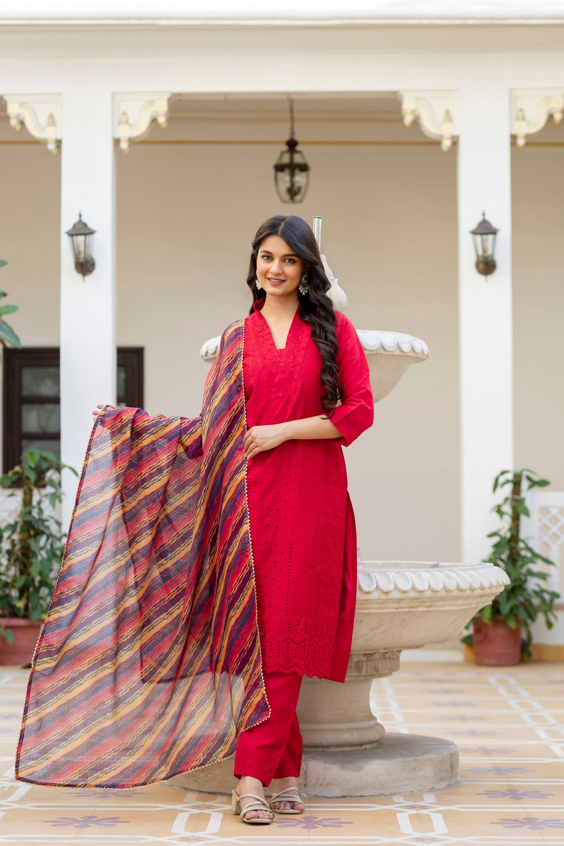 Red Roman Silk Kurta Pant Set with Chikan Kari Embroidery