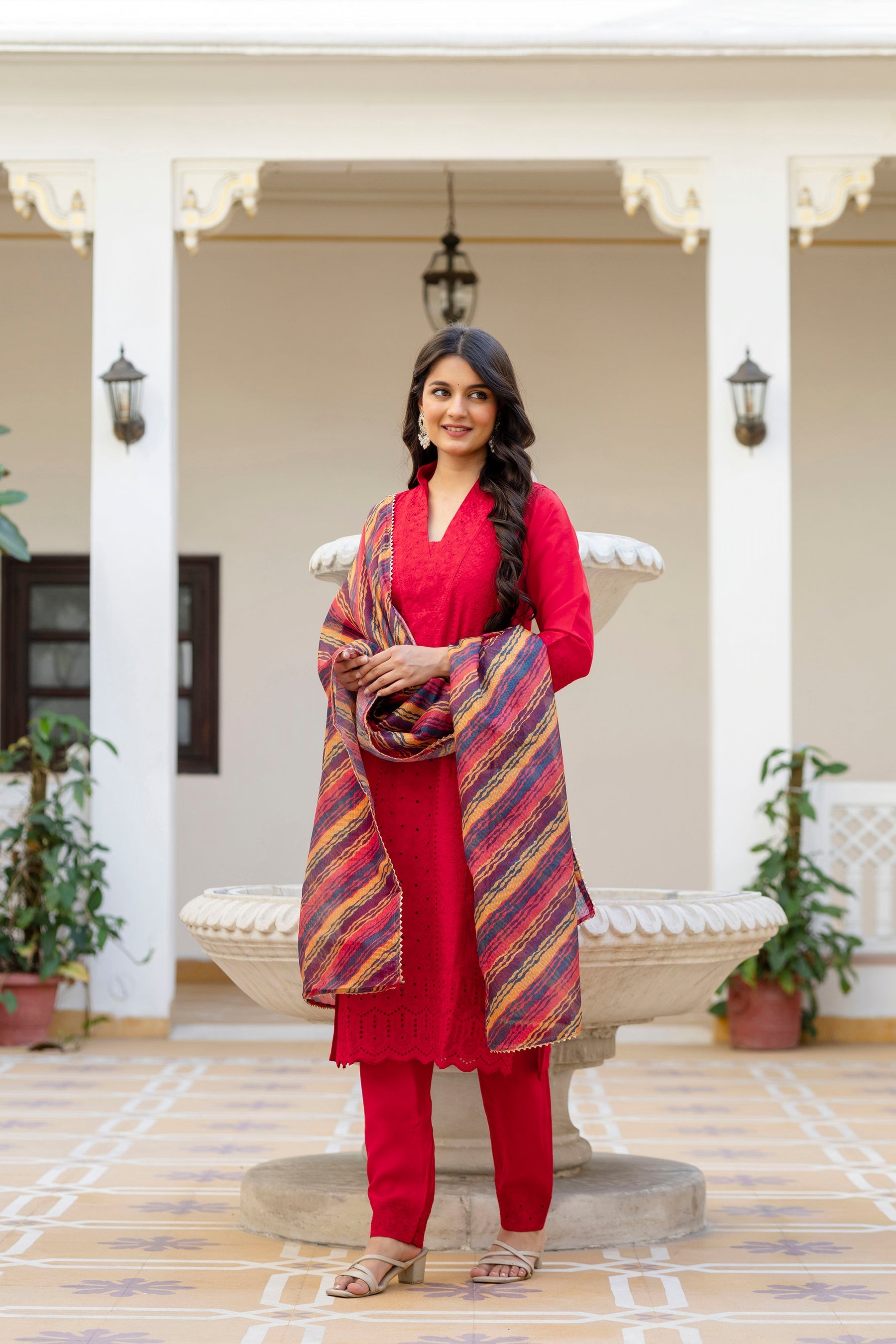 Red Roman Silk Kurta Pant Set with Chikan Kari Embroidery