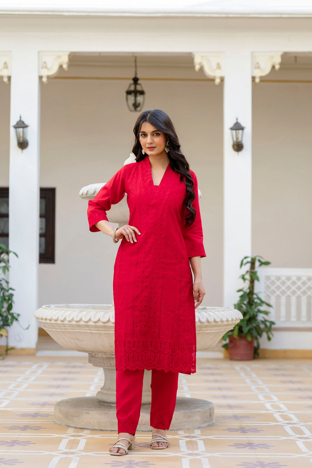 Red Roman Silk Kurta Pant Set with Chikan Kari Embroidery