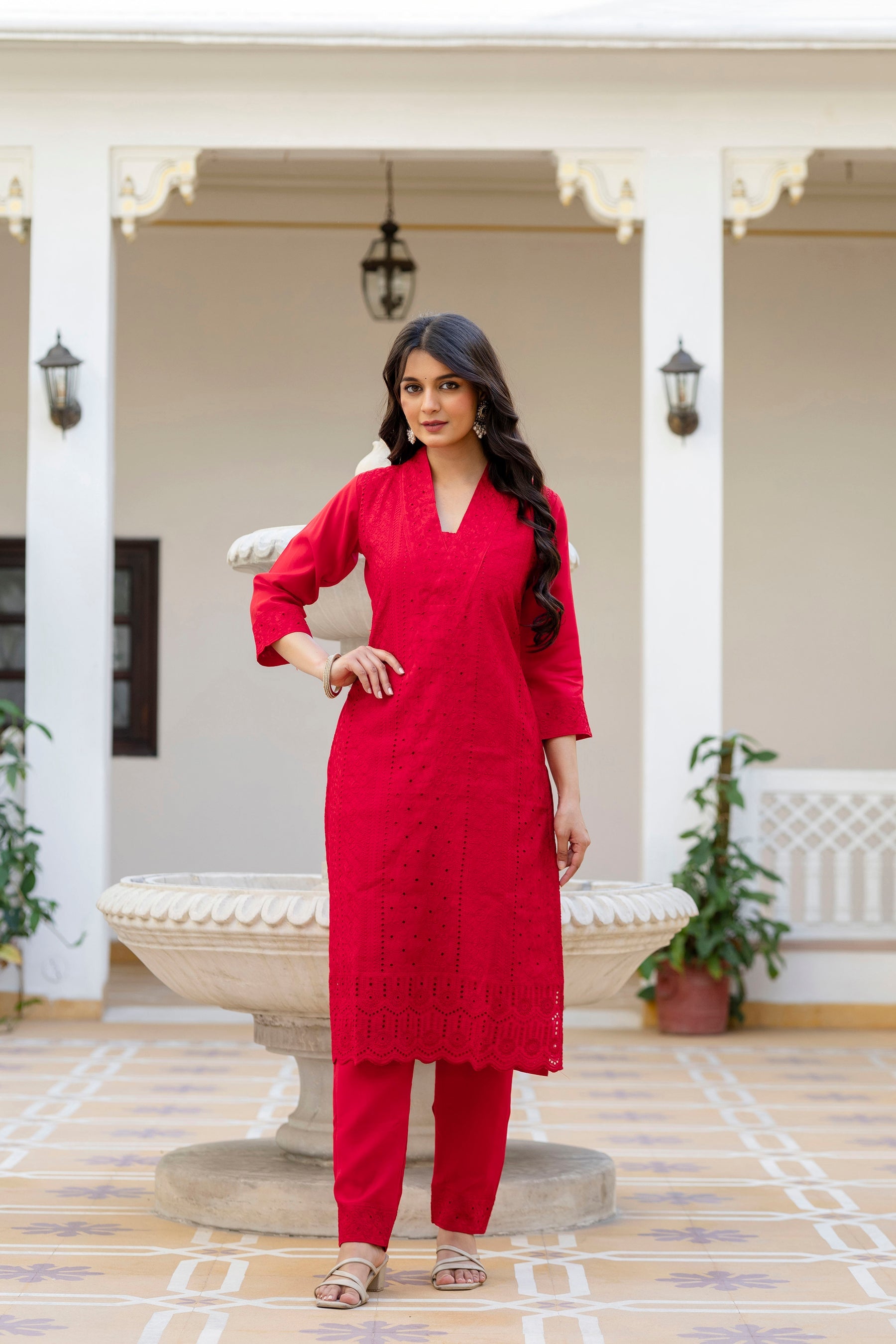 Red Roman Silk Kurta Pant Set with Chikan Kari Embroidery
