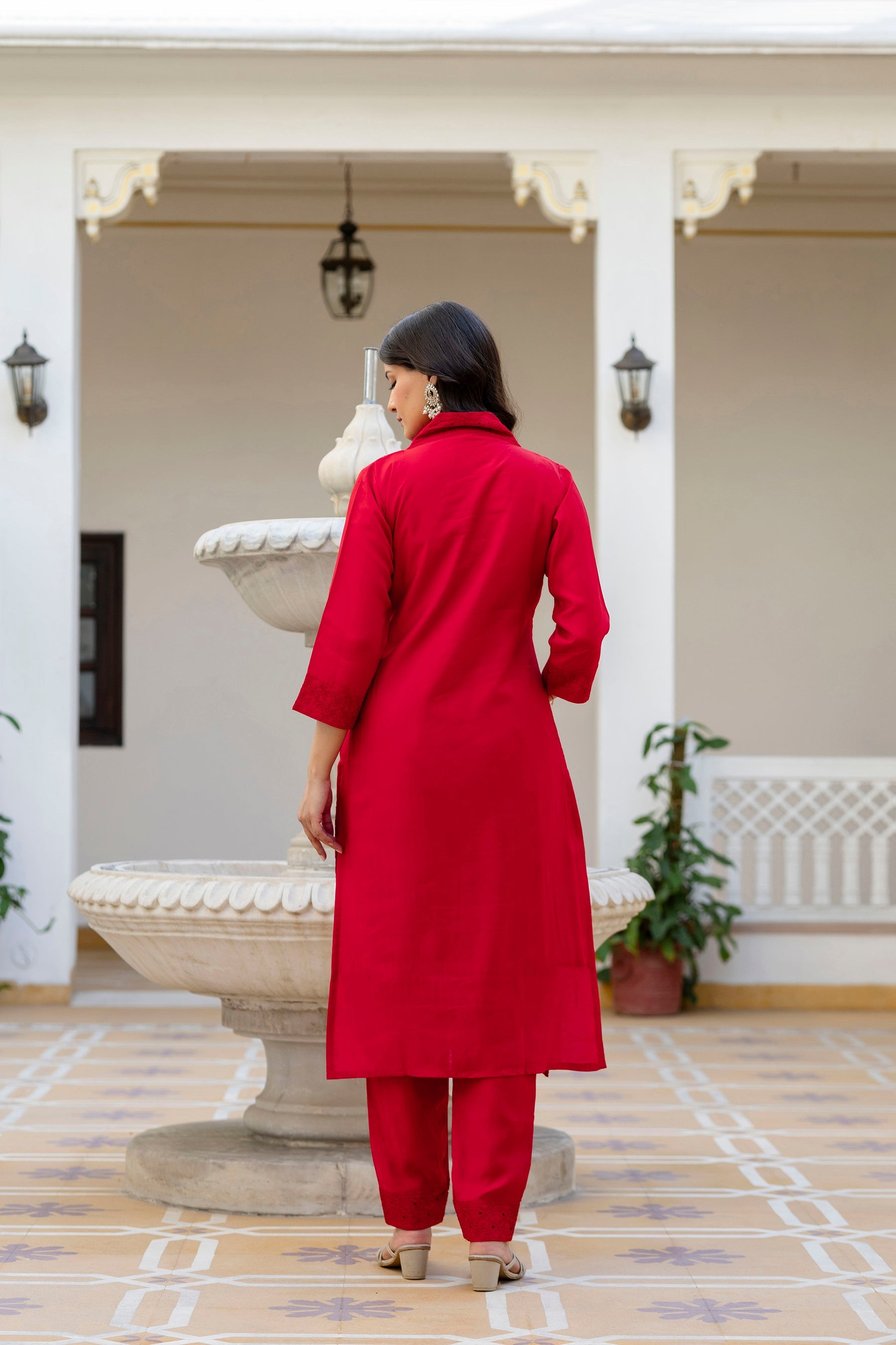 Red Roman Silk Kurta Pant Set with Chikan Kari Embroidery