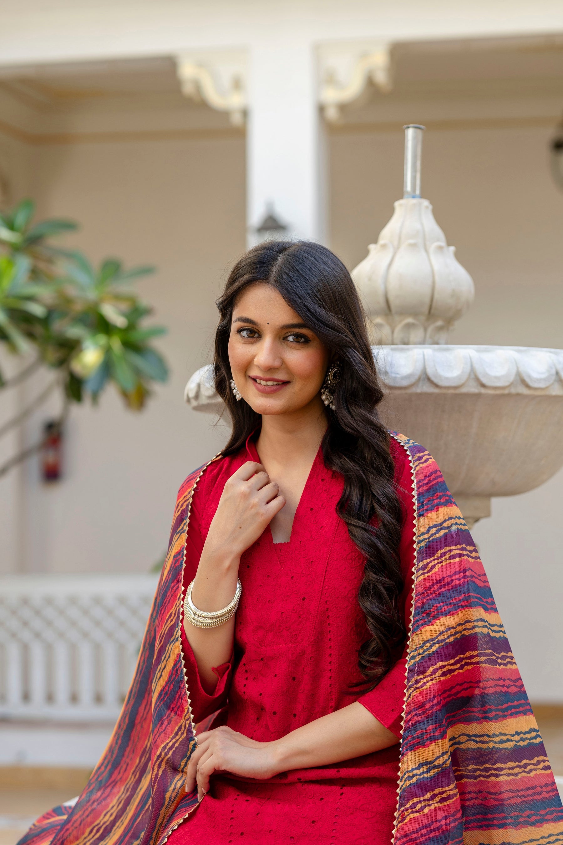 Red Roman Silk Kurta Pant Set with Chikan Kari Embroidery