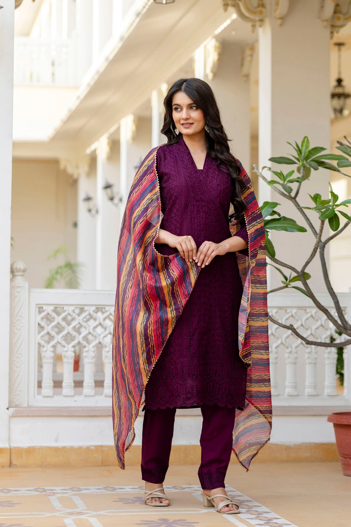 Wine Roman Silk Kurta Pant Set with Elegant Chikan Kari Work
