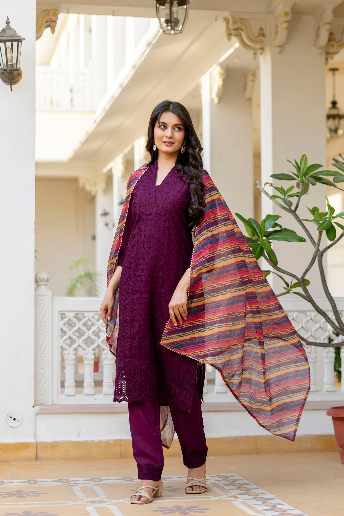 Wine Roman Silk Kurta Pant Set with Elegant Chikan Kari Work