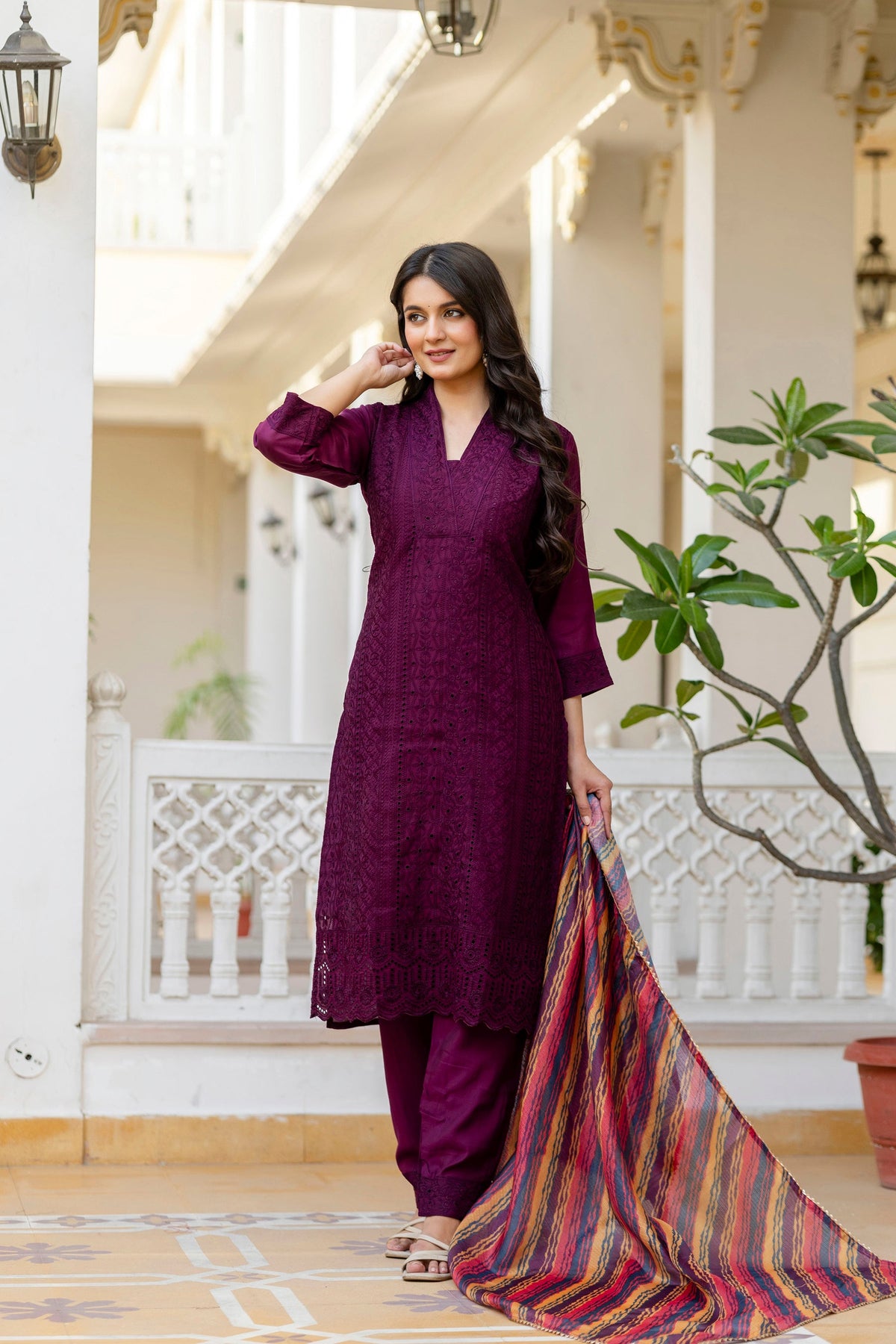 Wine Roman Silk Kurta Pant Set with Elegant Chikan Kari Work