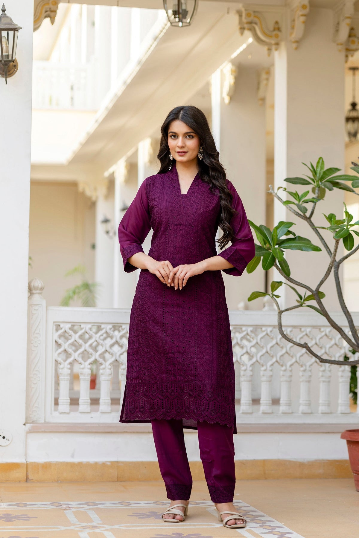 Wine Roman Silk Kurta Pant Set with Elegant Chikan Kari Work