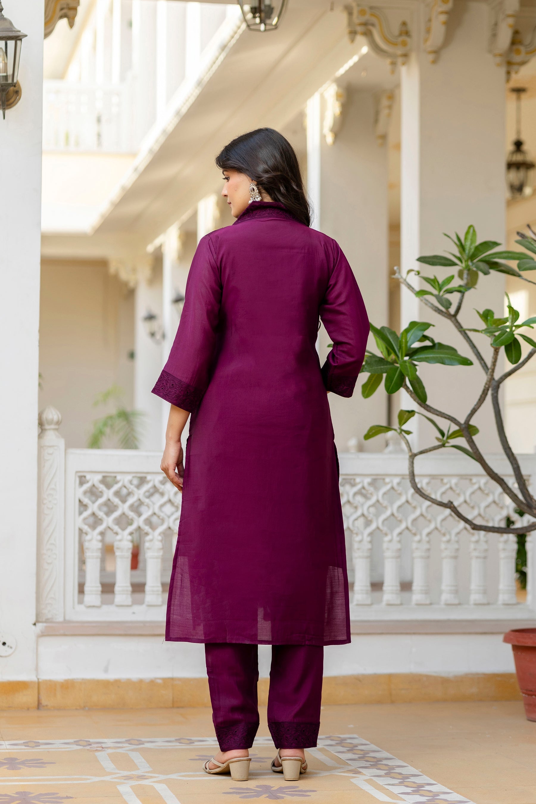 Wine Roman Silk Kurta Pant Set with Elegant Chikan Kari Work