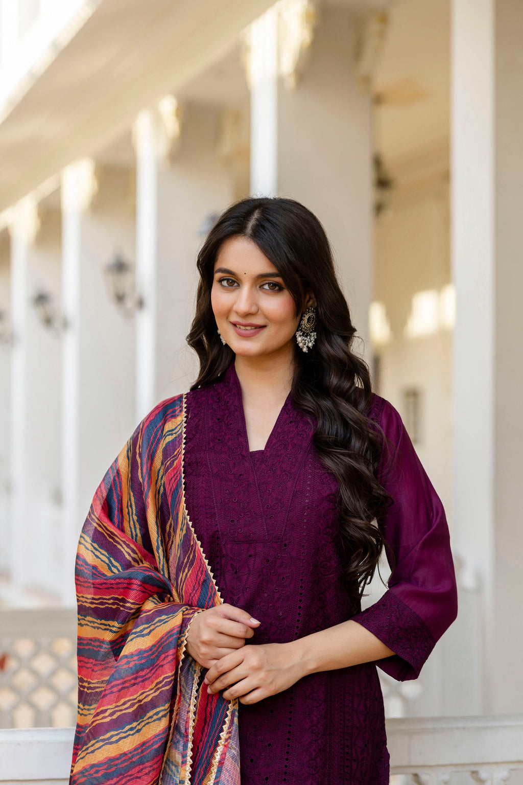 Wine Roman Silk Kurta Pant Set with Elegant Chikan Kari Work