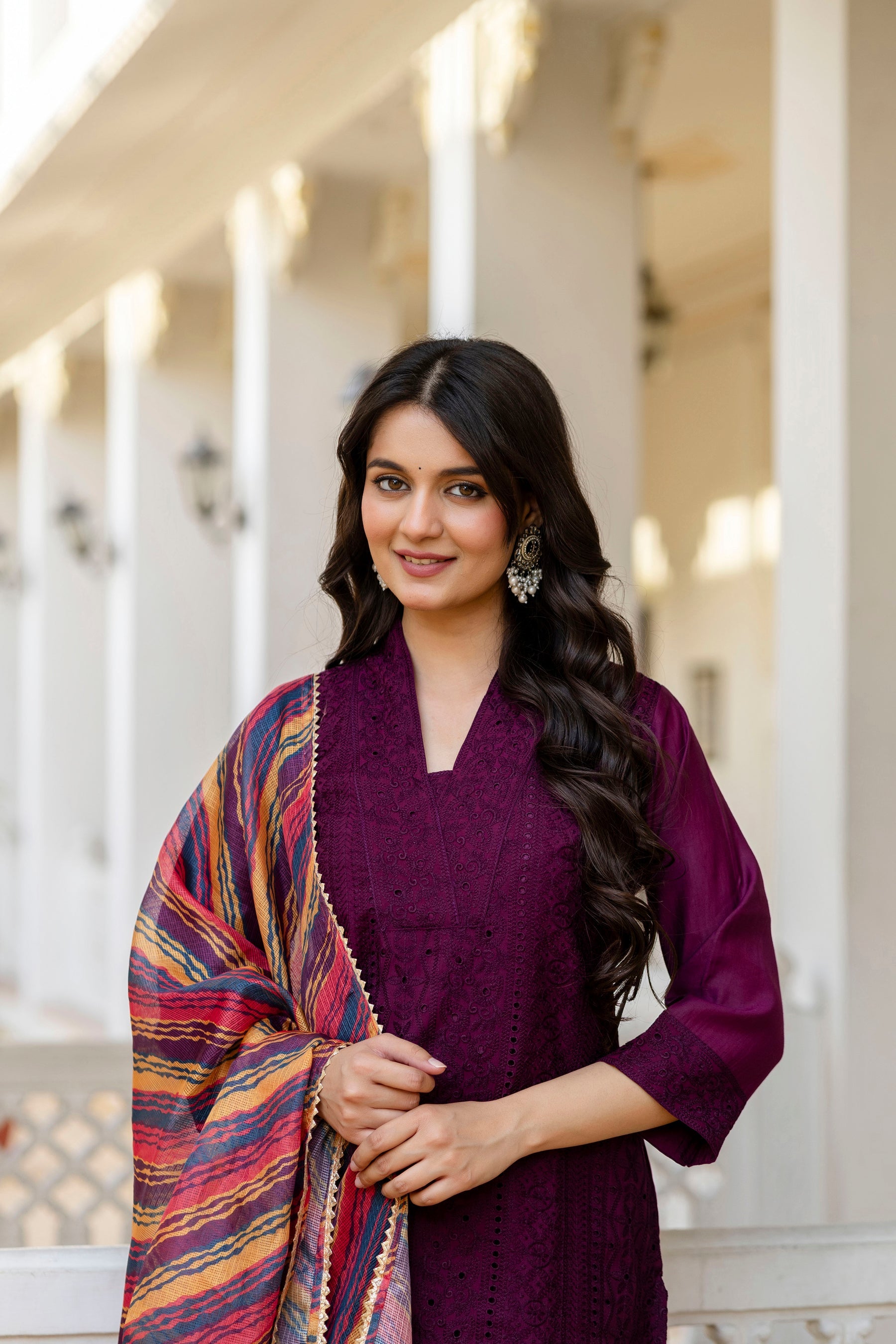 Wine Roman Silk Kurta Pant Set with Elegant Chikan Kari Work