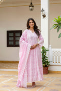Elegant pink Mal Cotton gown featuring intricate Lakhnowi embroidery with matching dupatta