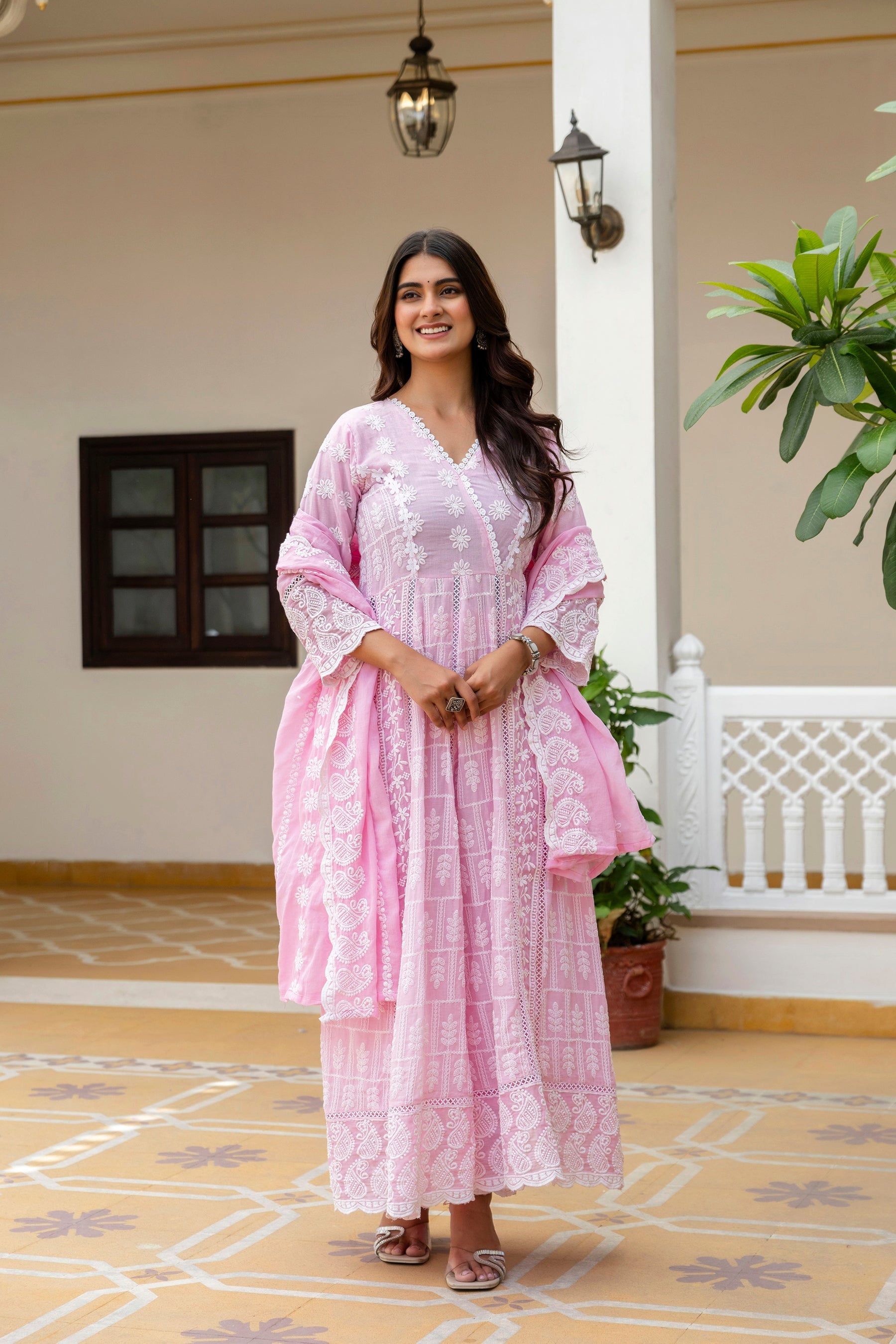 Pink Mal Cotton Lakhnowi Work Gown Pant Set with Dupatta