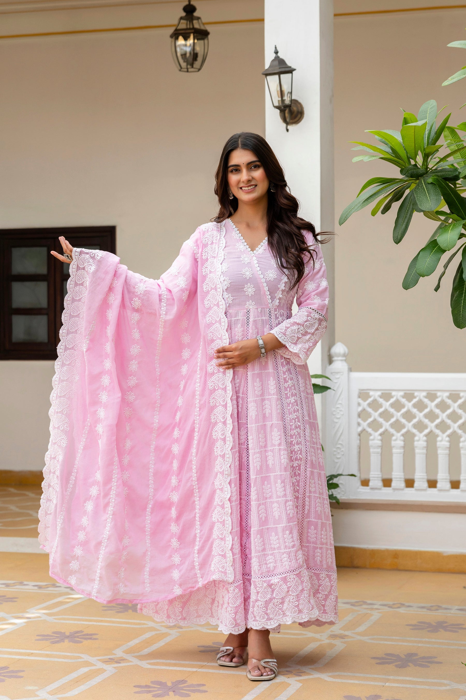Pink Mal Cotton Lakhnowi Work Gown Pant Set with Dupatta