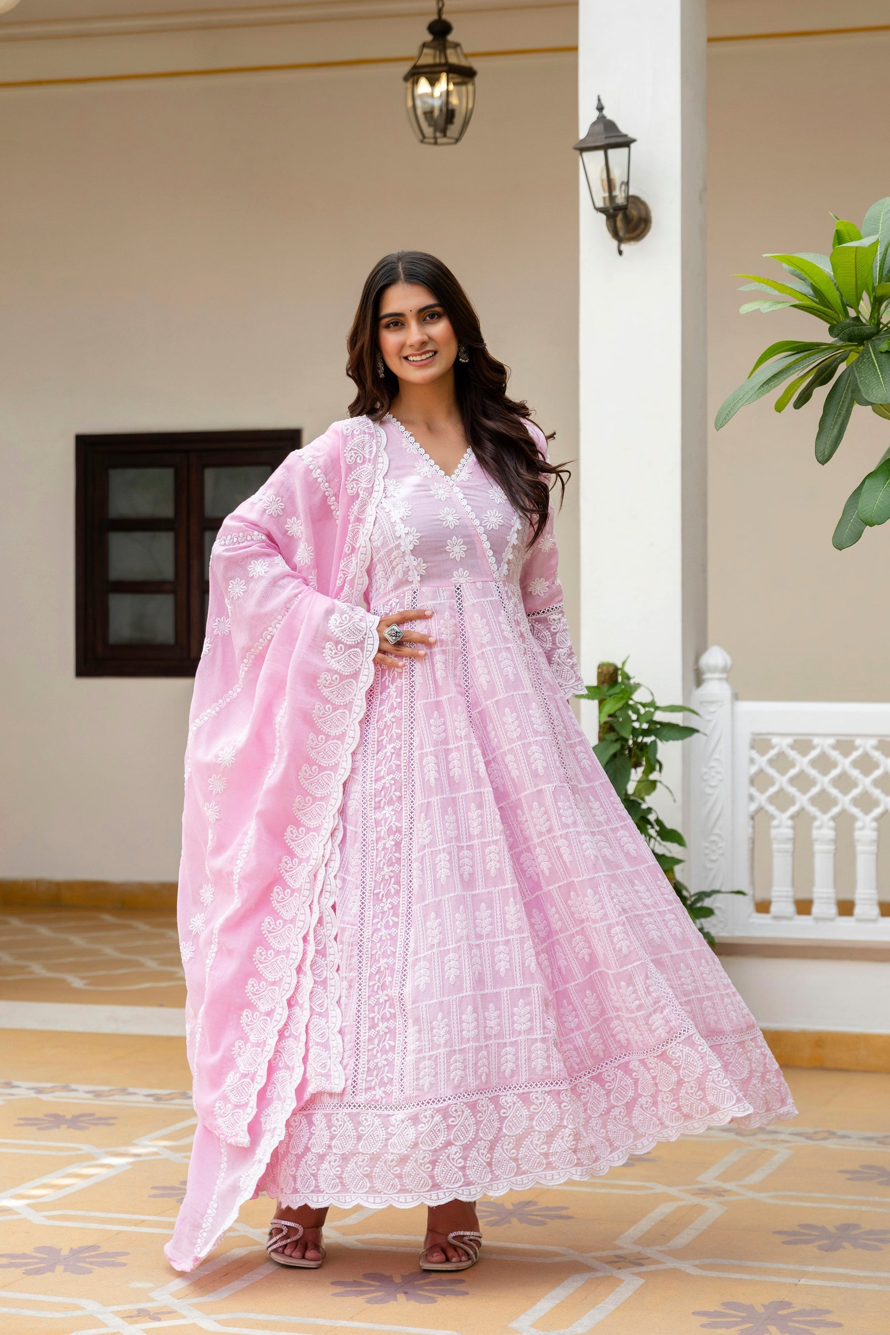Pink Mal Cotton Lakhnowi Work Gown Pant Set with Dupatta