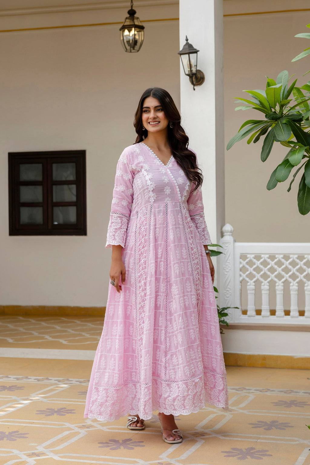 Pink Mal Cotton Lakhnowi Work Gown Pant Set with Dupatta